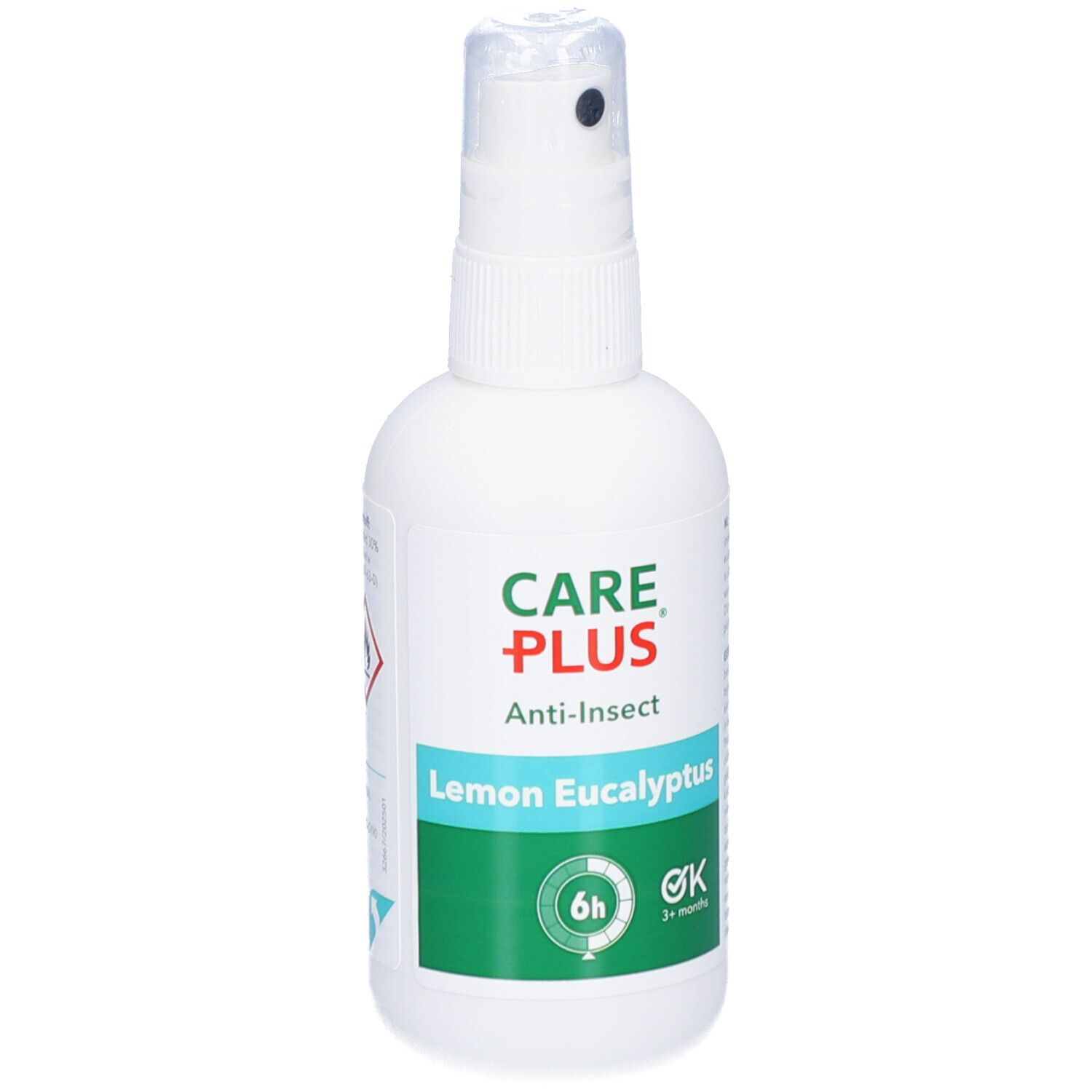 Witte spuitfles met CARE PLUS Anti-Insect. Opschrift: Lemon Eucalyptus. Groen etiket met 6u en 3+ maanden.