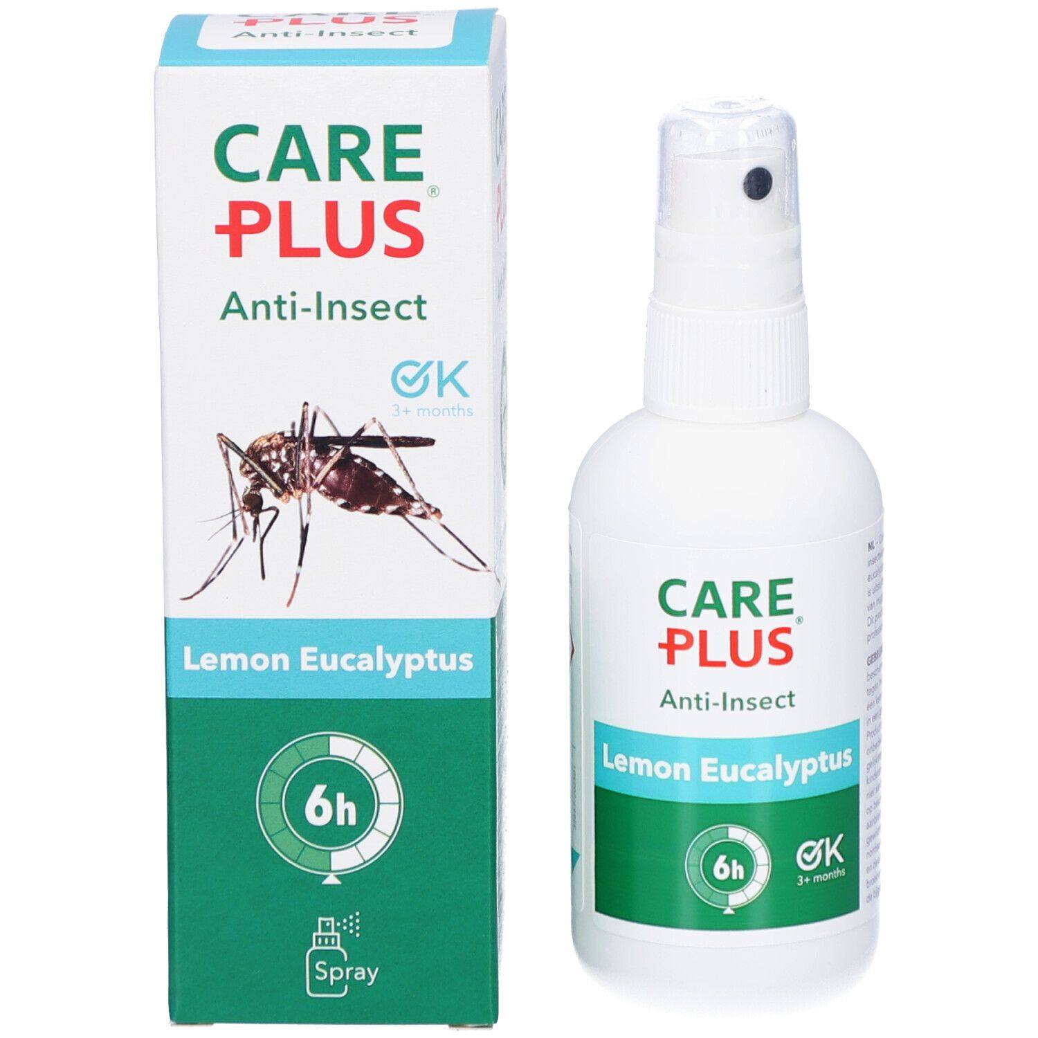 Productverpakking en spuitfles. Opschrift: CARE PLUS Anti-Insect, Lemon Eucalyptus. Groen etiket met 6u en 3+ maanden. Afbeelding van een mug.
