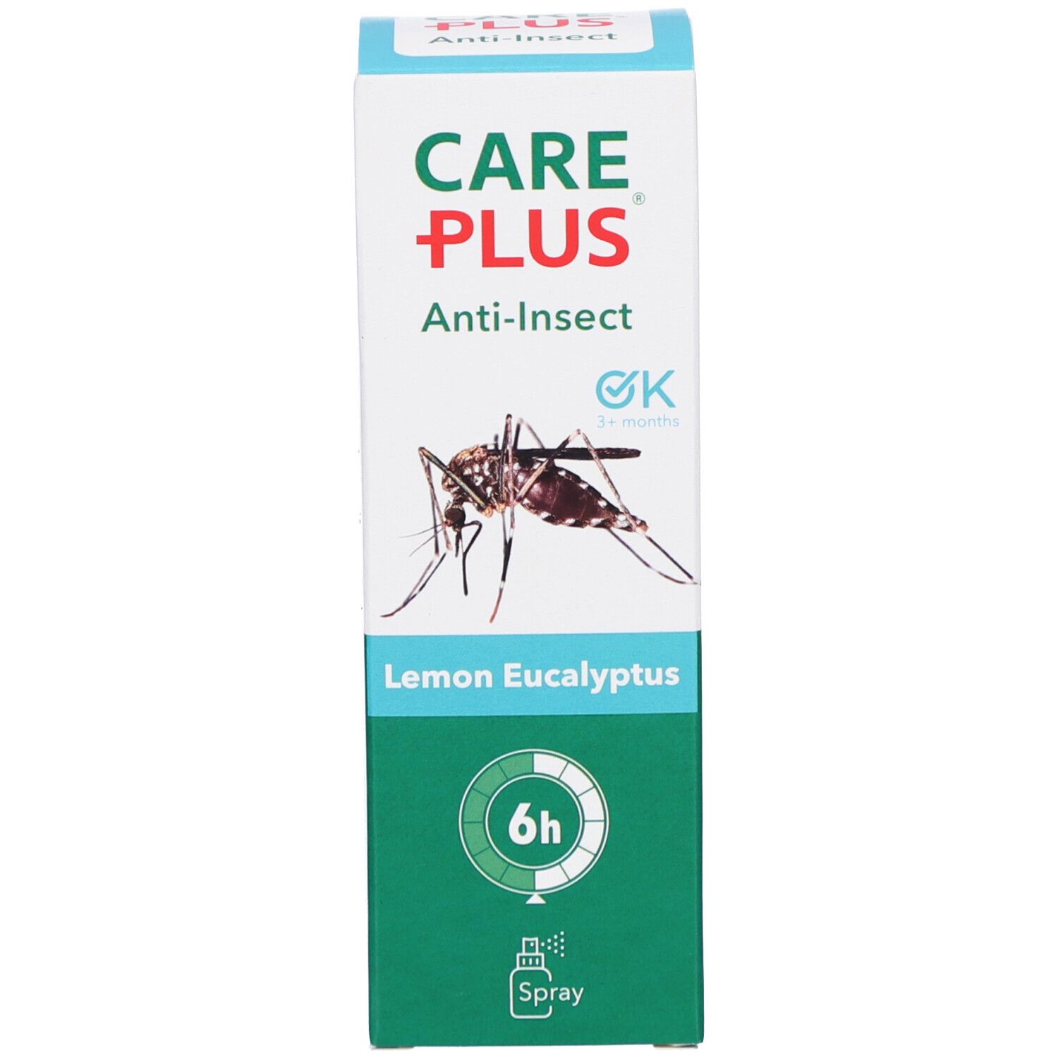 Productverpakking. Opschrift: CARE PLUS Anti-Insect, Lemon Eucalyptus. Groen etiket met 6u en 3+ maanden. Afbeelding van een mug.