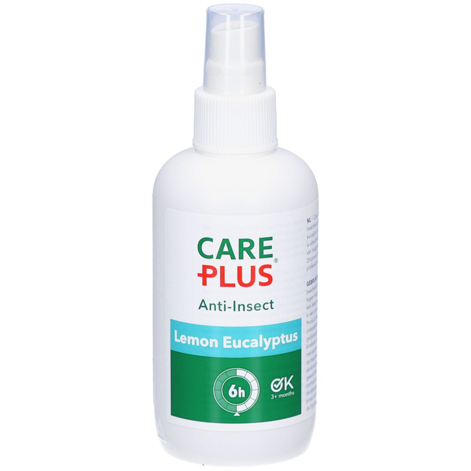 Witte sprayfles met CARE PLUS-logo, Anti-Insect, Lemon Eucalyptus. Groen etiket met 6u en 3+ maanden symbool. Transparante sproeikop.