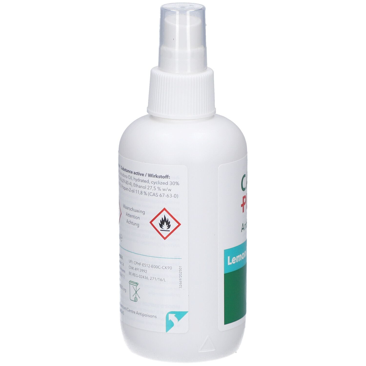 Achterkant van de witte sprayfles. Bevat informatie over ingrediënten, waarschuwingen en fabrikant. Gevarensymbolen zichtbaar.