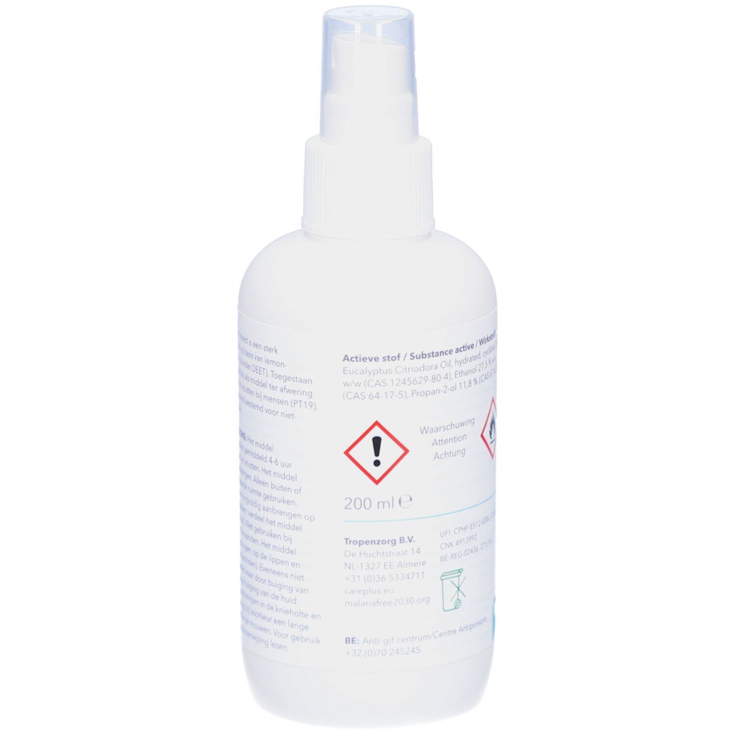 Achterkant van de witte sprayfles. Bevat informatie over ingrediënten, waarschuwingen en fabrikant. 200 ml indicatie.