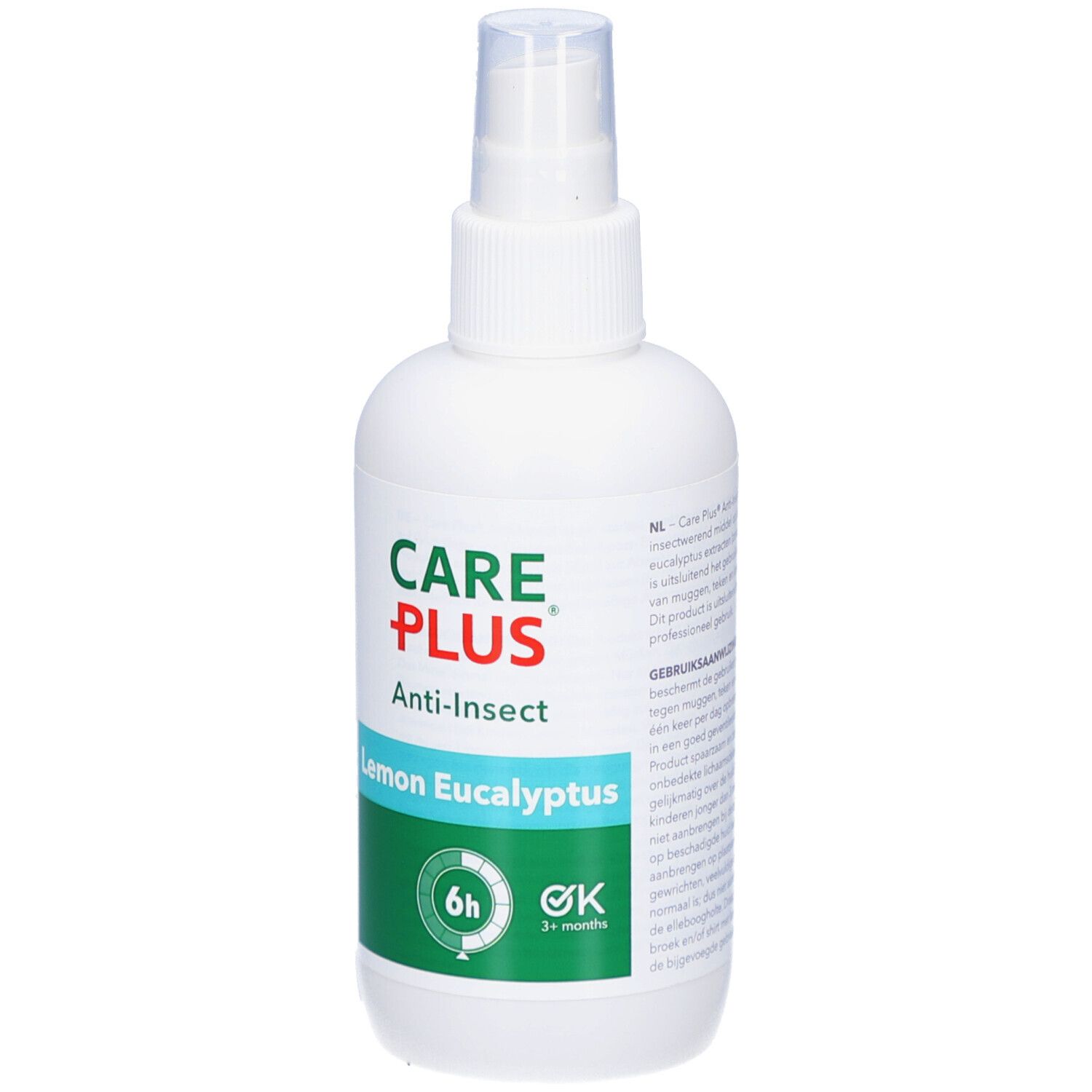 Witte sprayfles met CARE PLUS-logo, Anti-Insect, Lemon Eucalyptus. Groen etiket met 6u en 3+ maanden symbool. Tekst in het Nederlands.