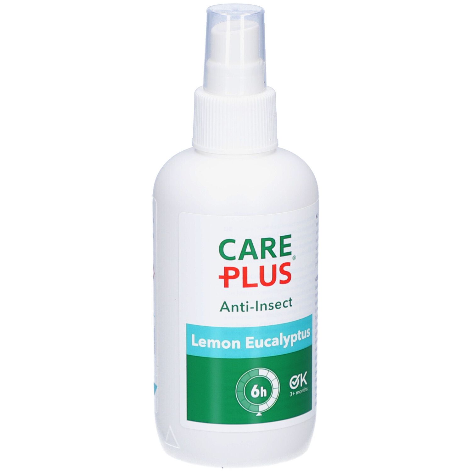 Witte sprayfles met CARE PLUS-logo, Anti-Insect, Lemon Eucalyptus. Groen etiket met 6u en 3+ maanden symbool. Transparante sproeikop.
