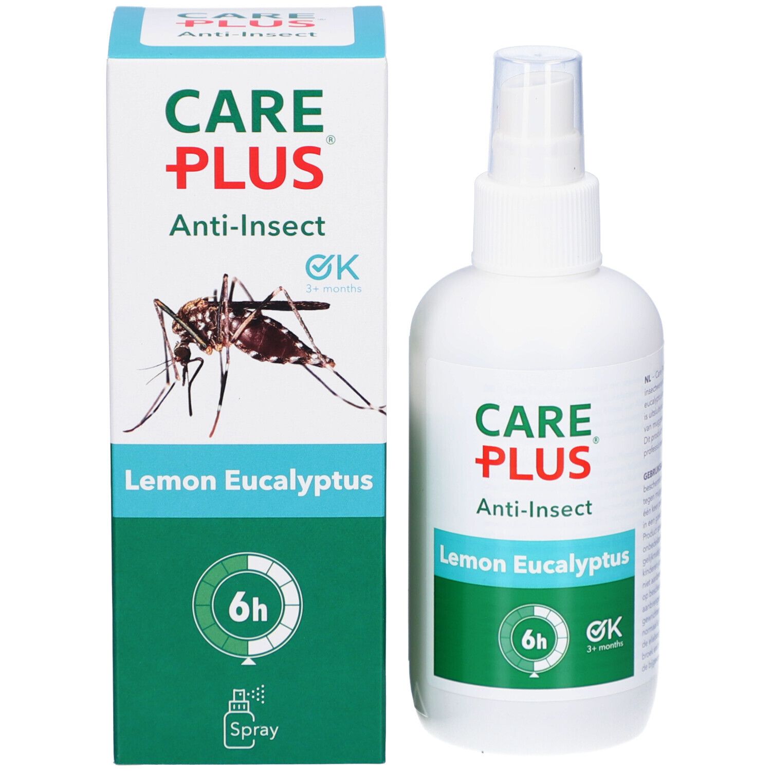 Productverpakking en sprayfles. Verpakking met CARE PLUS-logo, Anti-Insect, Lemon Eucalyptus. Illustratie van een mug. 6u en 3+ maanden symbool.