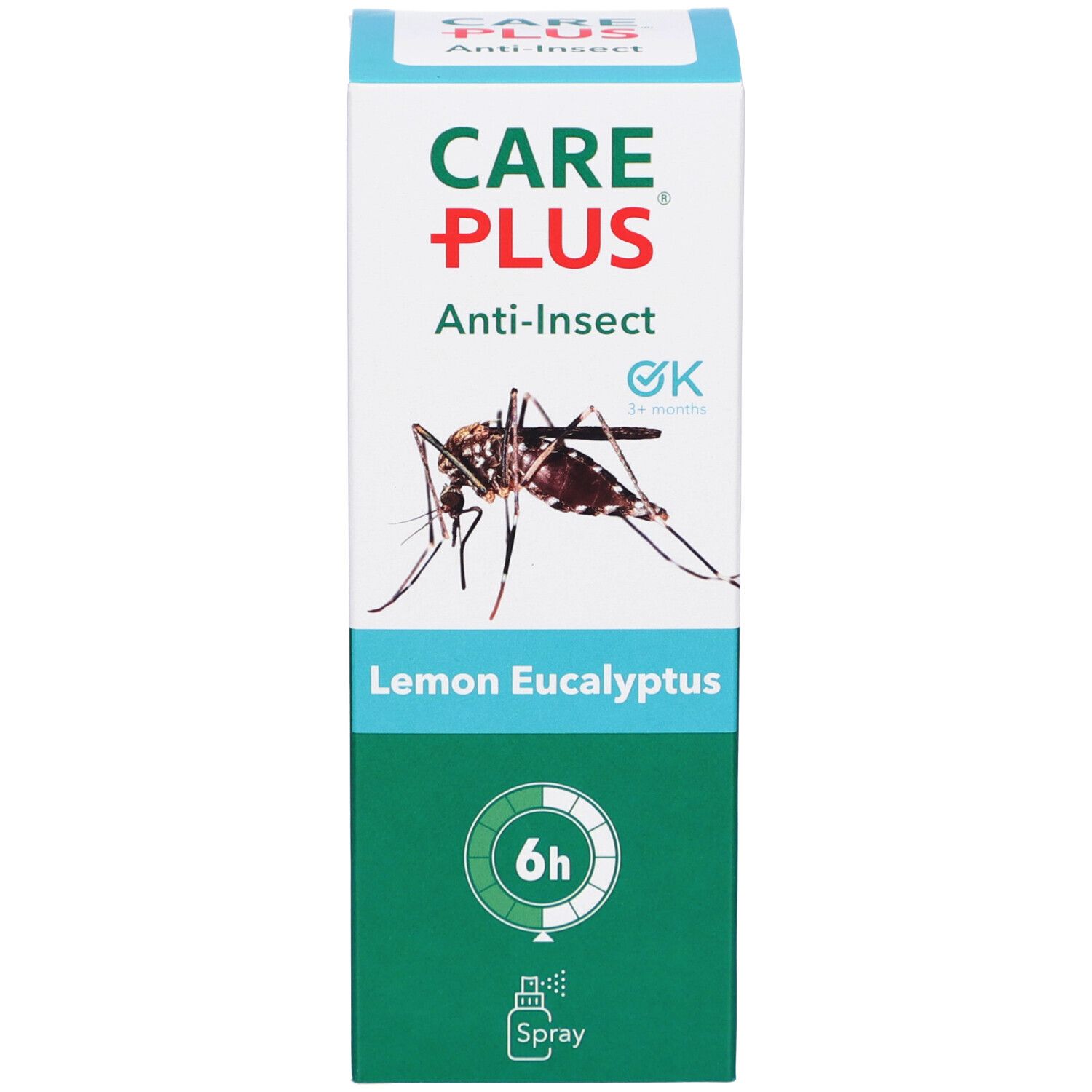 Productverpakking. CARE PLUS-logo, Anti-Insect, Lemon Eucalyptus. Illustratie van een mug. 6u en 3+ maanden symbool. Spray-symbool.