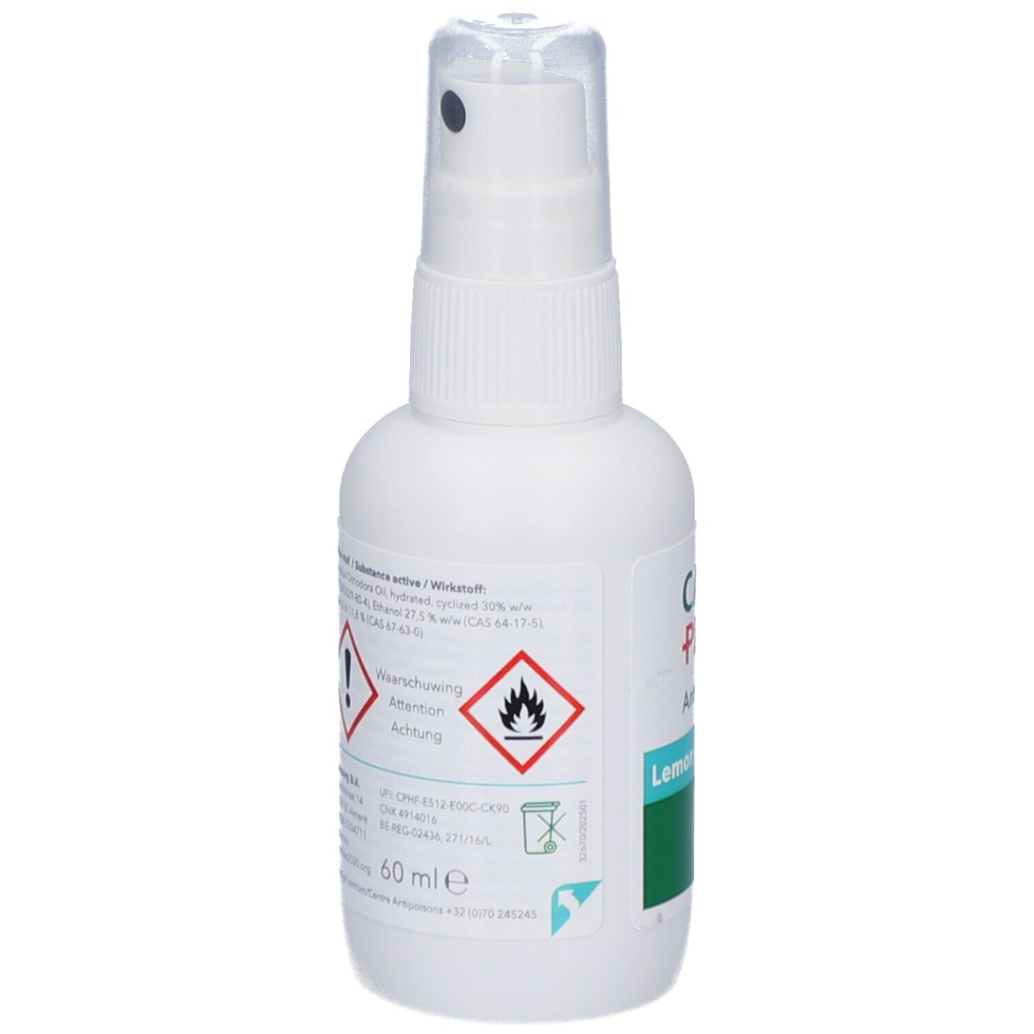 Flacon spray blanc CARE PLUS Anti-Insect. Inscription Lemon Eucalyptus. Symboles de danger et 60 ml.