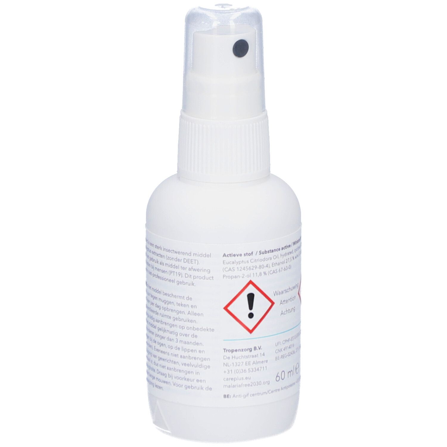 Flacon spray blanc CARE PLUS Anti-Insect. Inscription Lemon Eucalyptus. Symbole de danger et 60 ml.