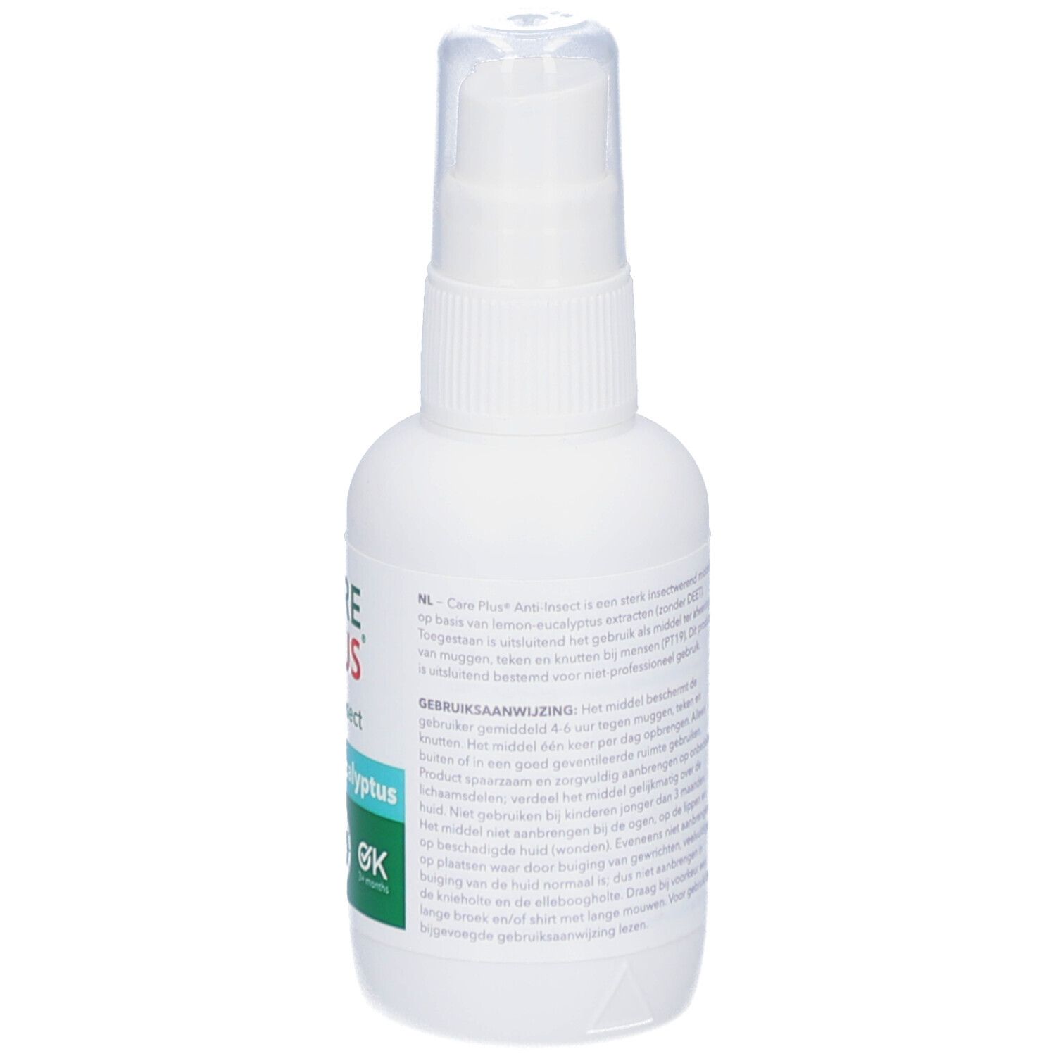 Flacon spray blanc CARE PLUS Anti-Insect. Inscription Lemon Eucalyptus. Texte en néerlandais.