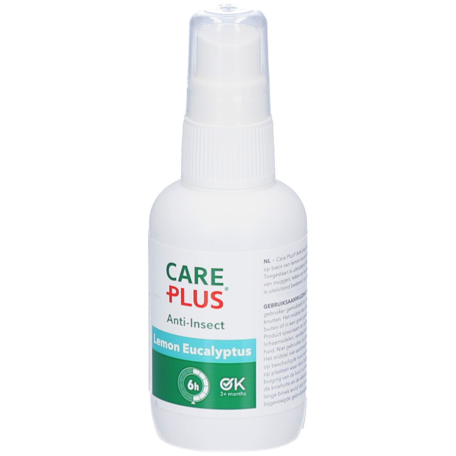 Flacon spray blanc CARE PLUS Anti-Insect. Inscription Lemon Eucalyptus. Avec icônes 6h et OK.