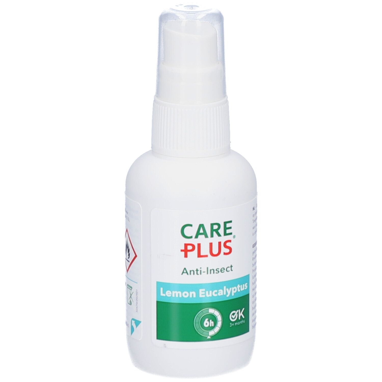 Flacon spray blanc CARE PLUS Anti-Insect. Inscription Lemon Eucalyptus. Avec symbole de danger et 6h.