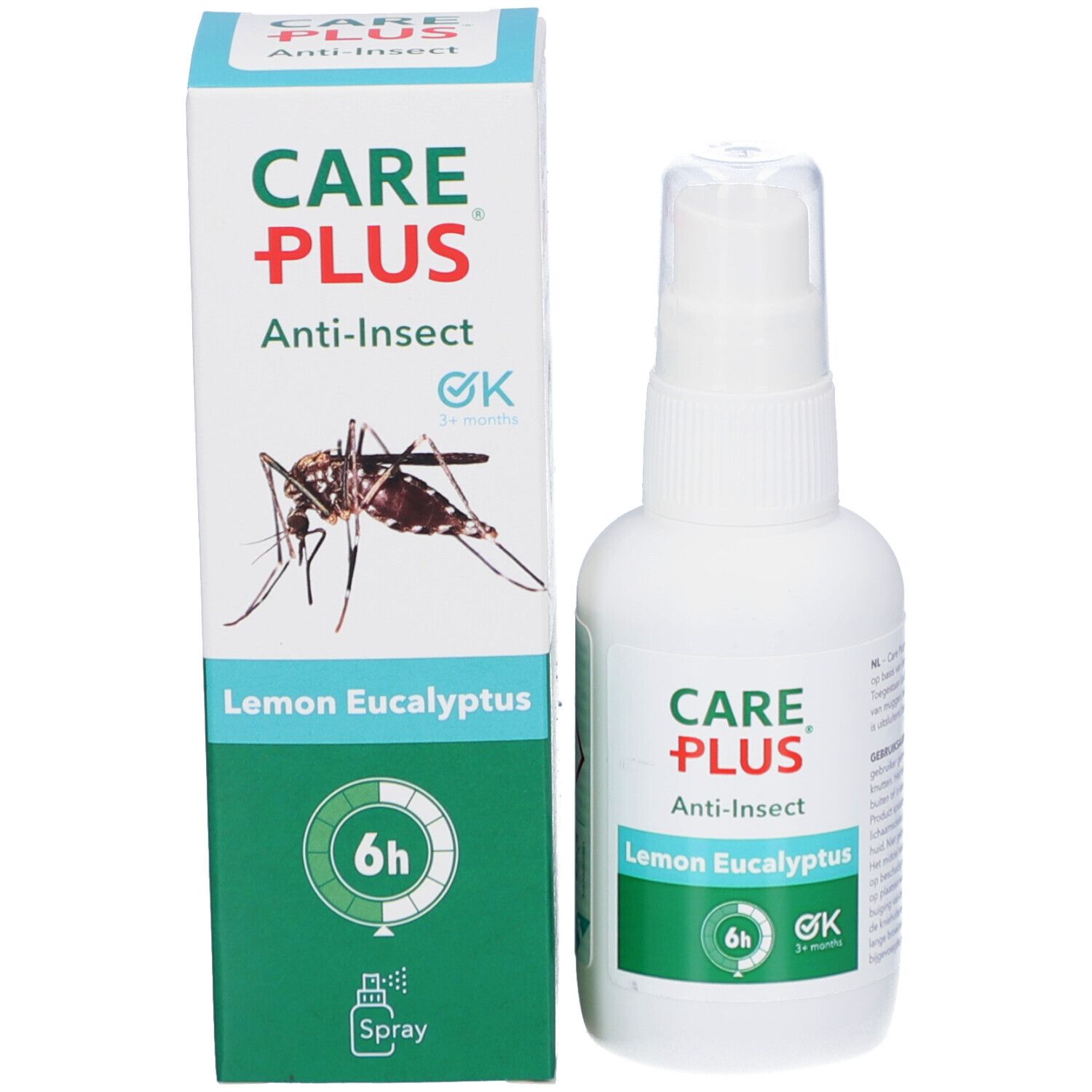 Spray CARE PLUS Anti-Insect et emballage. Inscription Lemon Eucalyptus. Avec illustration de moustique.