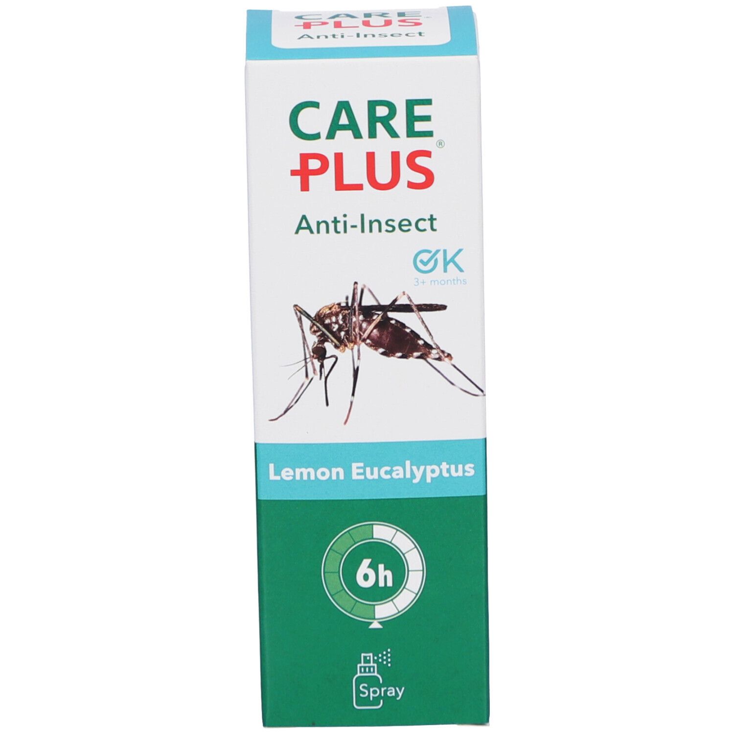 CARE PLUS Anti-Insect verpakking. Logo, Lemon Eucalyptus, 6u bescherming, OK-keurmerk. Afbeelding van een mug.