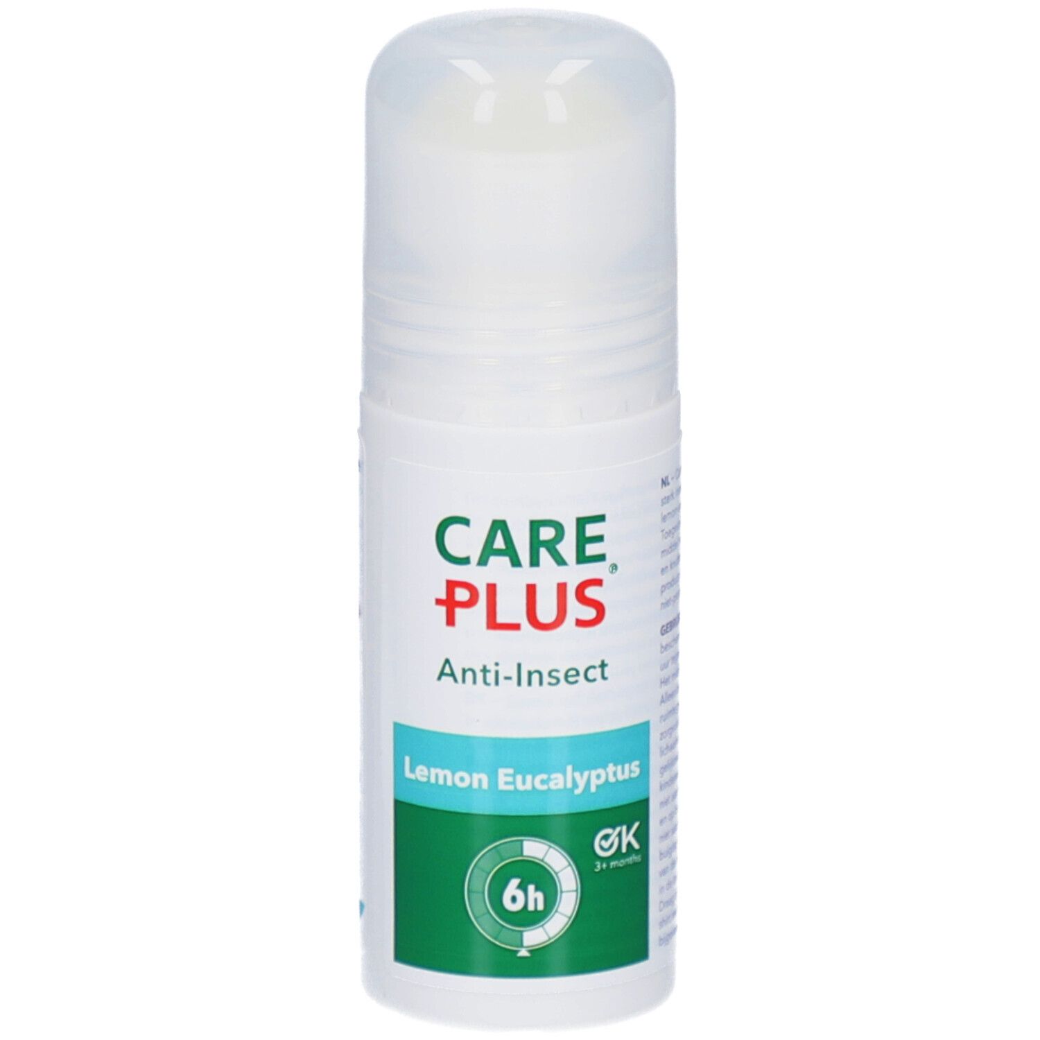 Witte roll-on met groene en rode accenten. Opschrift: CARE PLUS Anti-Insect Lemon Eucalyptus. 6u bescherming.