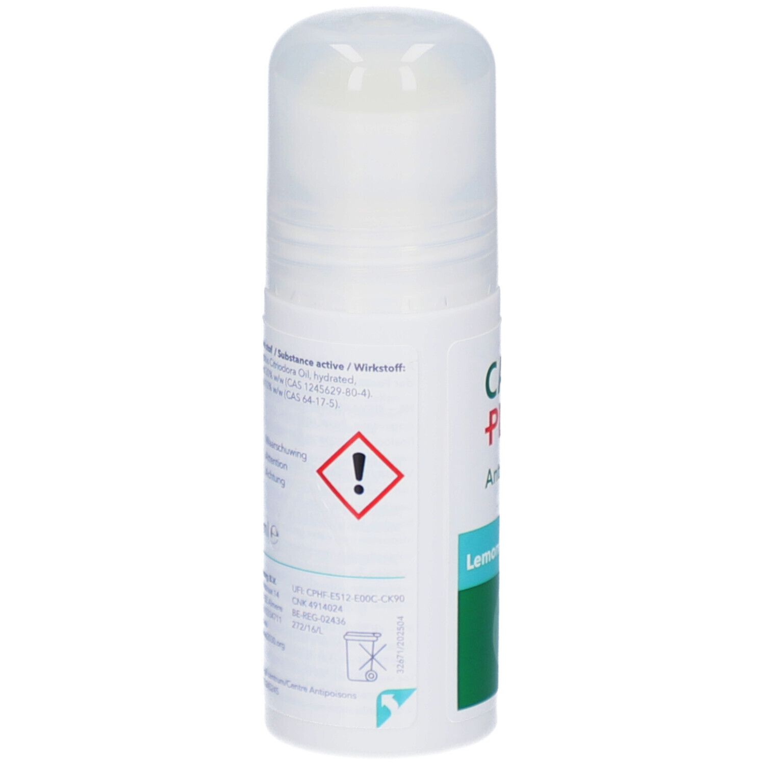 Witte roll-on. Achterkant met tekst en waarschuwingssymbool. Opschrift: CARE PLUS. Bevat actieve stoffen. Afvalinstructies.