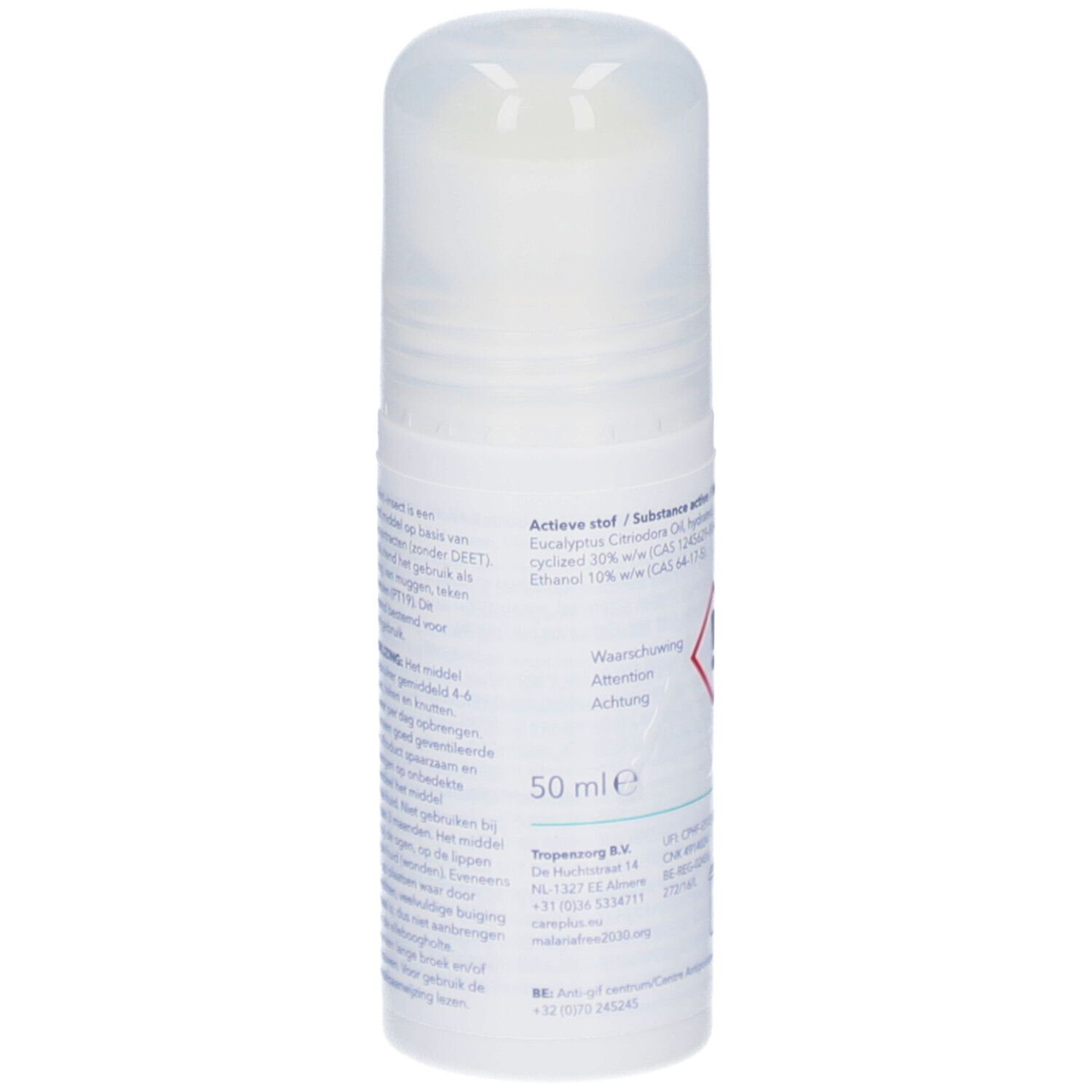 Witte roll-on. Achterkant met tekst. Opschrift: CARE PLUS. Bevat actieve stoffen. 50 ml.