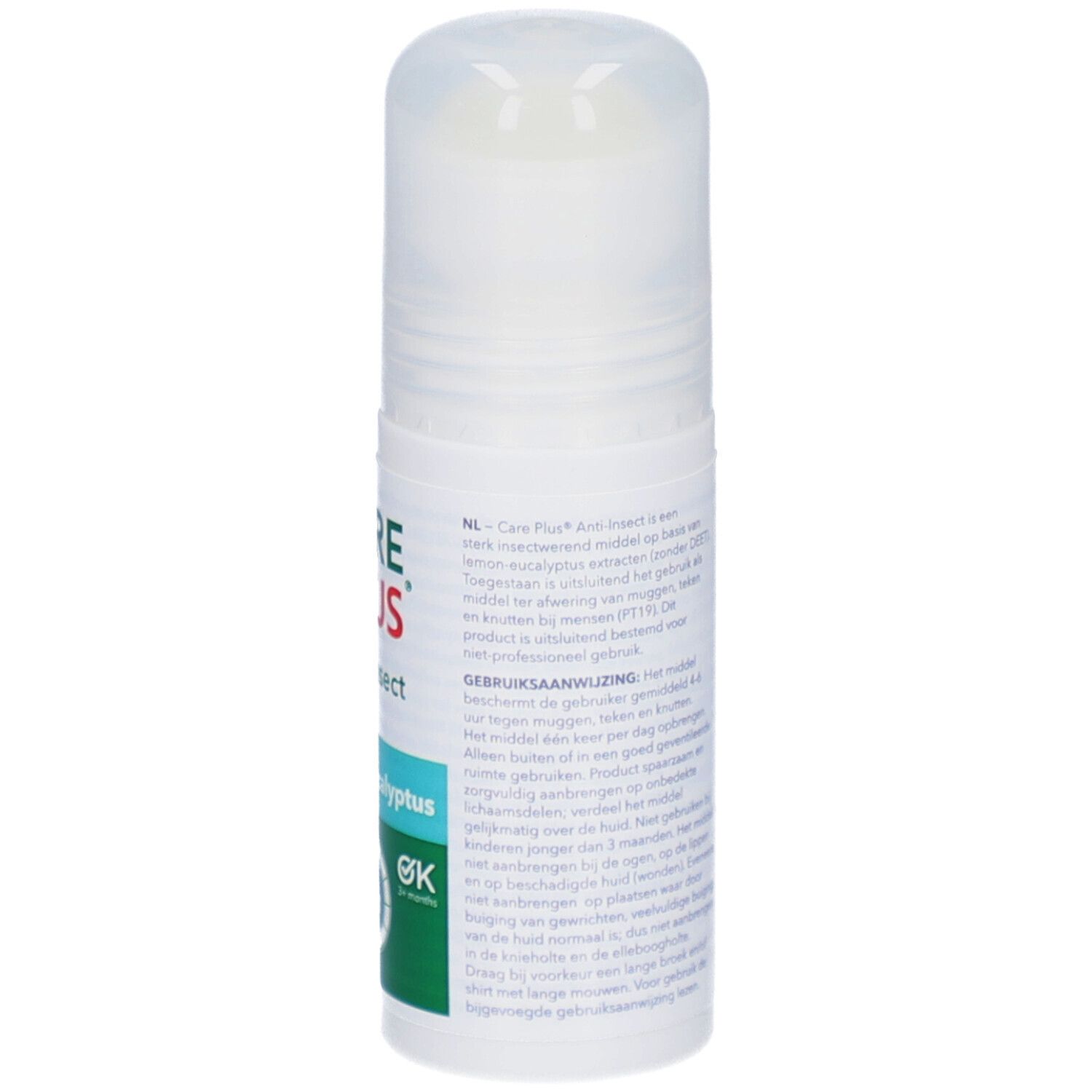 Witte roll-on. Achterkant met tekst. Opschrift: CARE PLUS Anti-Insect Lemon Eucalyptus. Gebruiksaanwijzing.