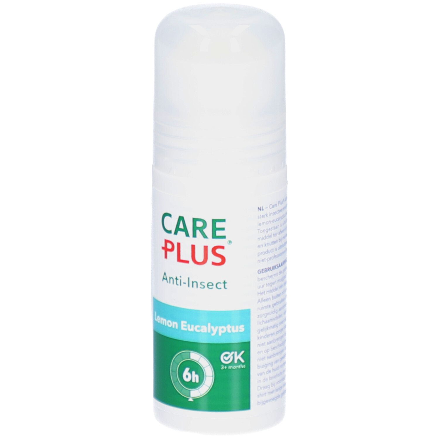 Witte roll-on met groene en rode accenten. Opschrift: CARE PLUS Anti-Insect Lemon Eucalyptus. 6u bescherming.