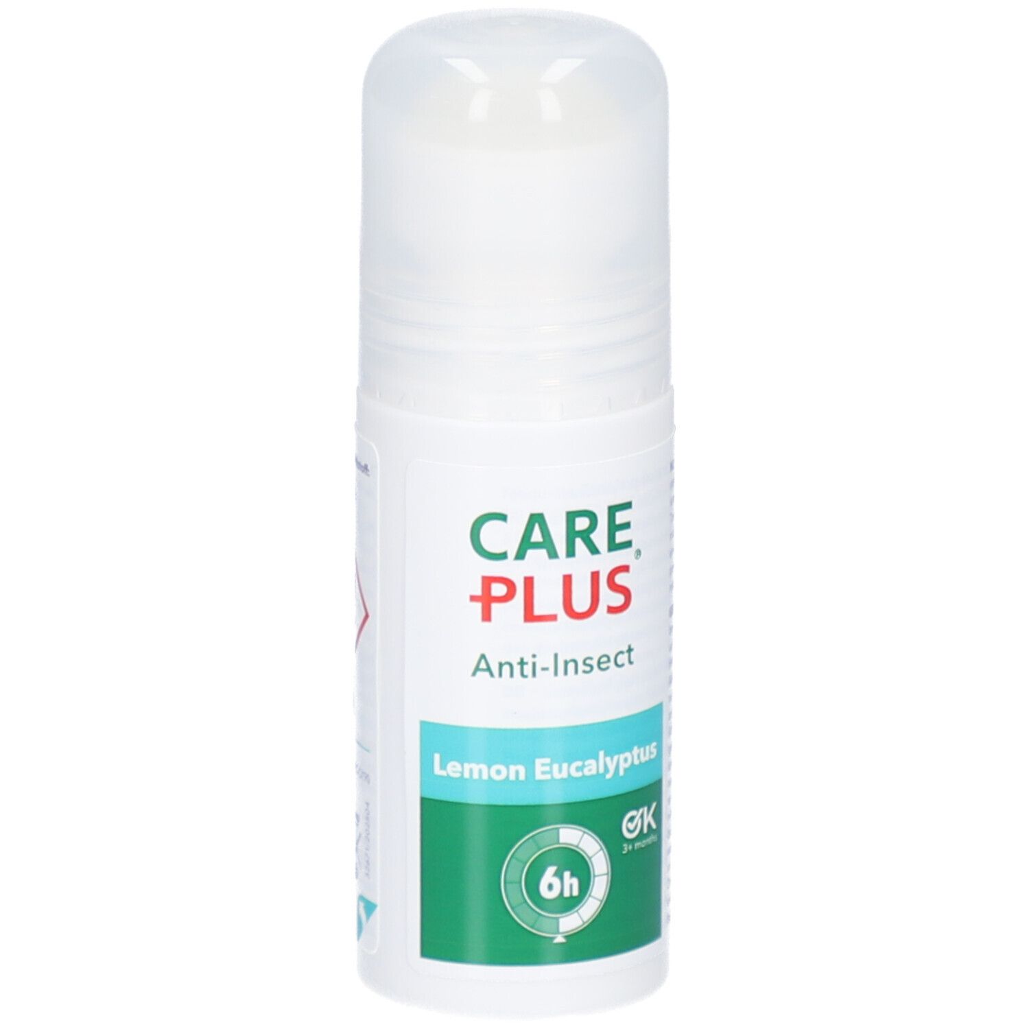 Witte roll-on met groene en rode accenten. Opschrift: CARE PLUS Anti-Insect Lemon Eucalyptus. 6u bescherming.