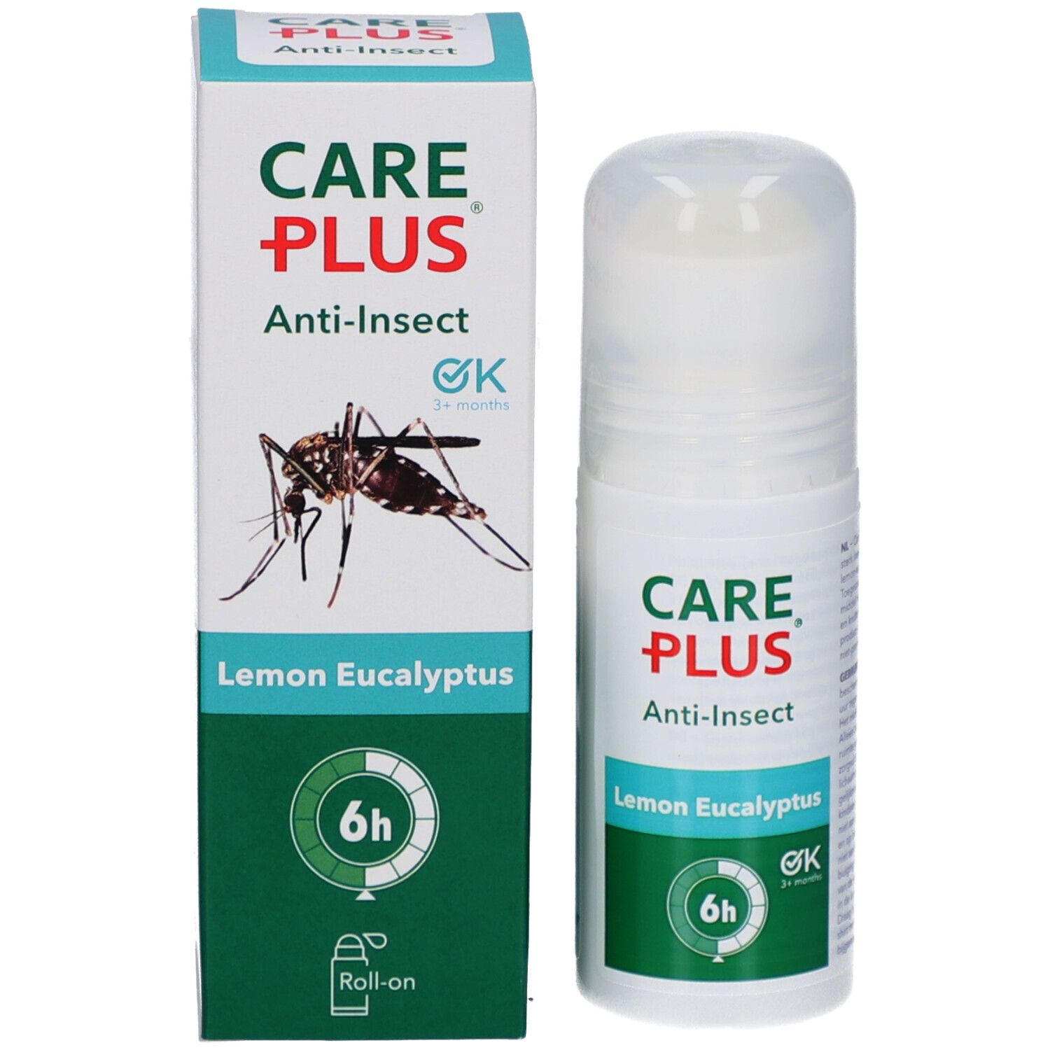 Roll-on en verpakking. Opschrift: CARE PLUS Anti-Insect Lemon Eucalyptus. 6u bescherming. Afbeelding van een mug.