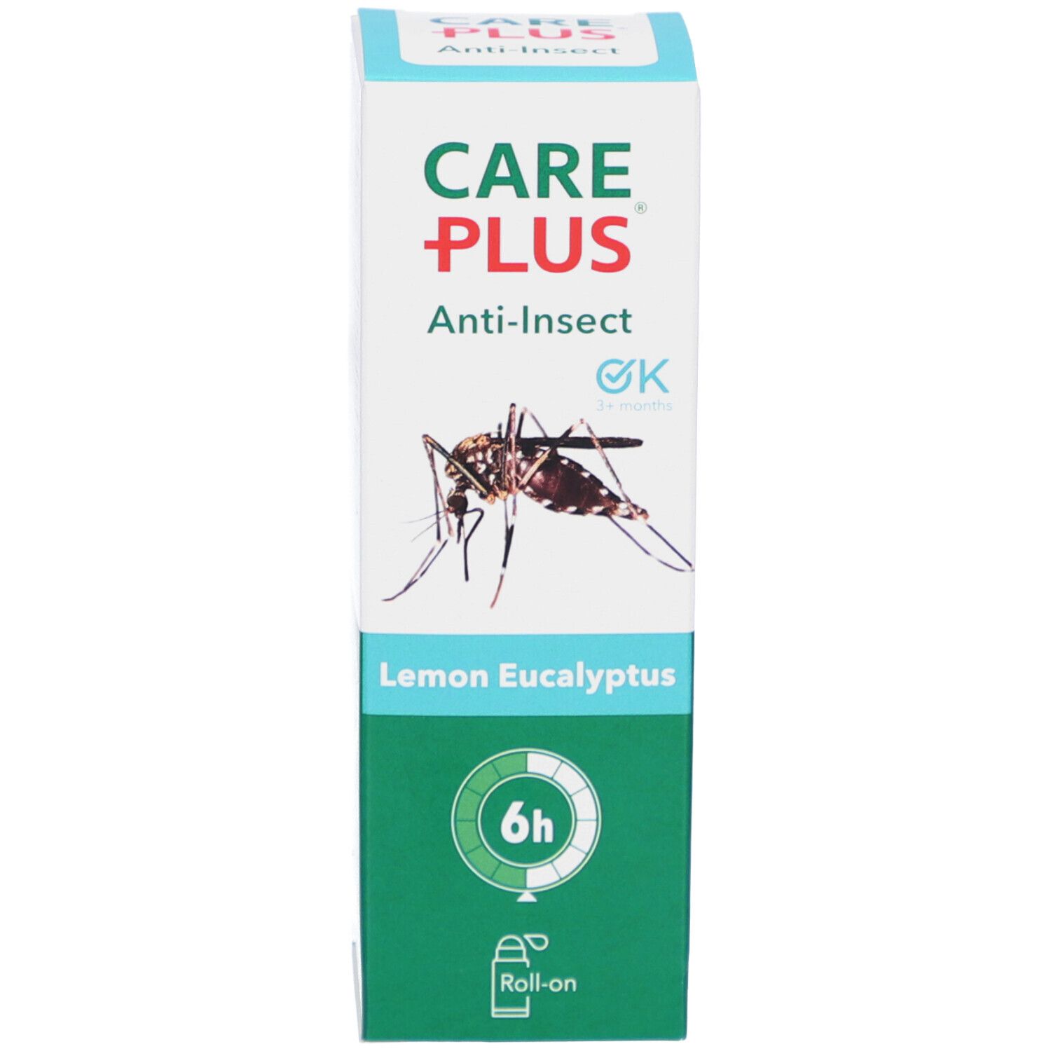 Verpakking. Opschrift: CARE PLUS Anti-Insect Lemon Eucalyptus. 6u bescherming. Afbeelding van een mug.
