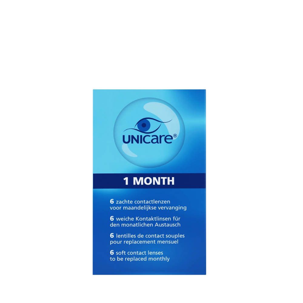 Emballage bleu avec logo Unicare et inscription '1 mois'. Contient 6 lentilles souples pour remplacement mensuel.