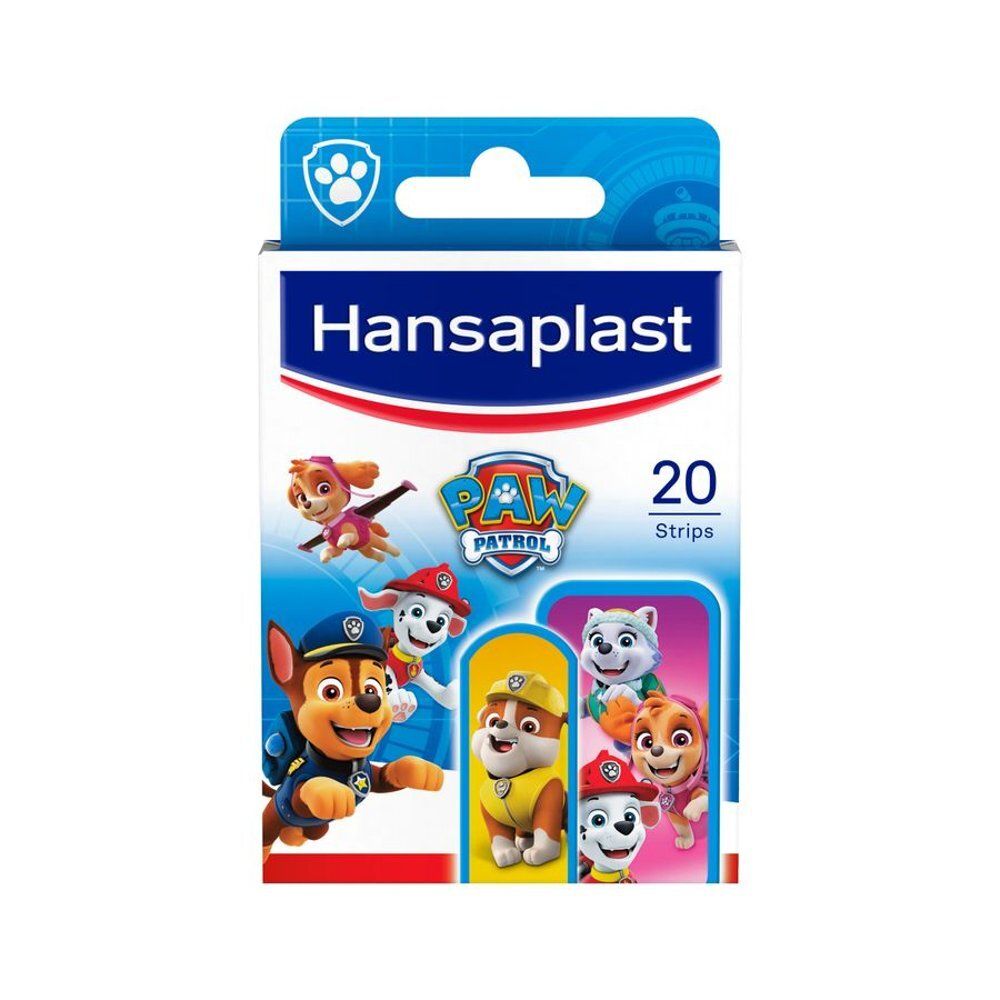 Boîte Hansaplast avec 20 pansements. Personnages Paw Patrol. Emballage bleu et blanc.