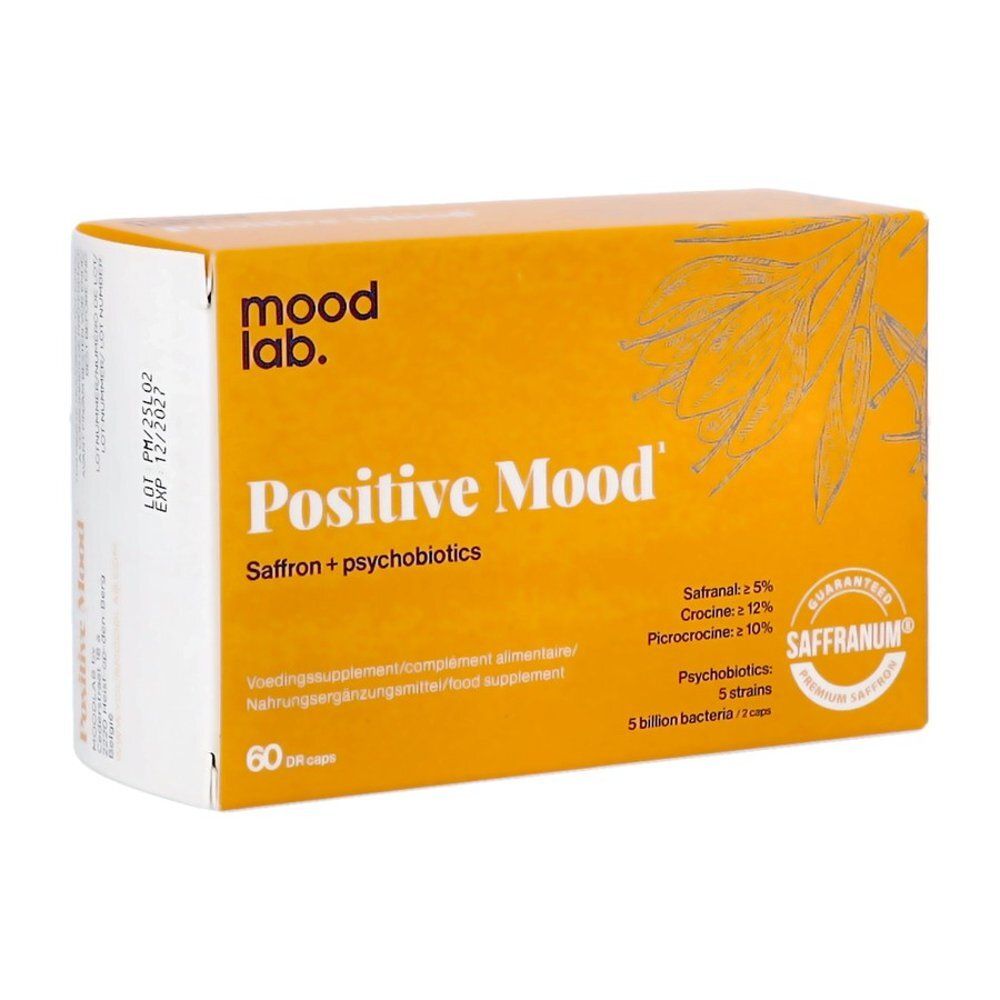 Gele doos "mood lab." en "Positive Mood". Bevat saffraan en psychobiotica. 60 capsules.