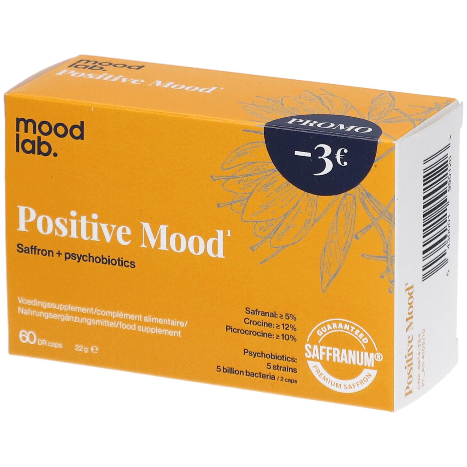 Gele doos "Positive Mood", 60 capsules. Saffranum-certificering zichtbaar.