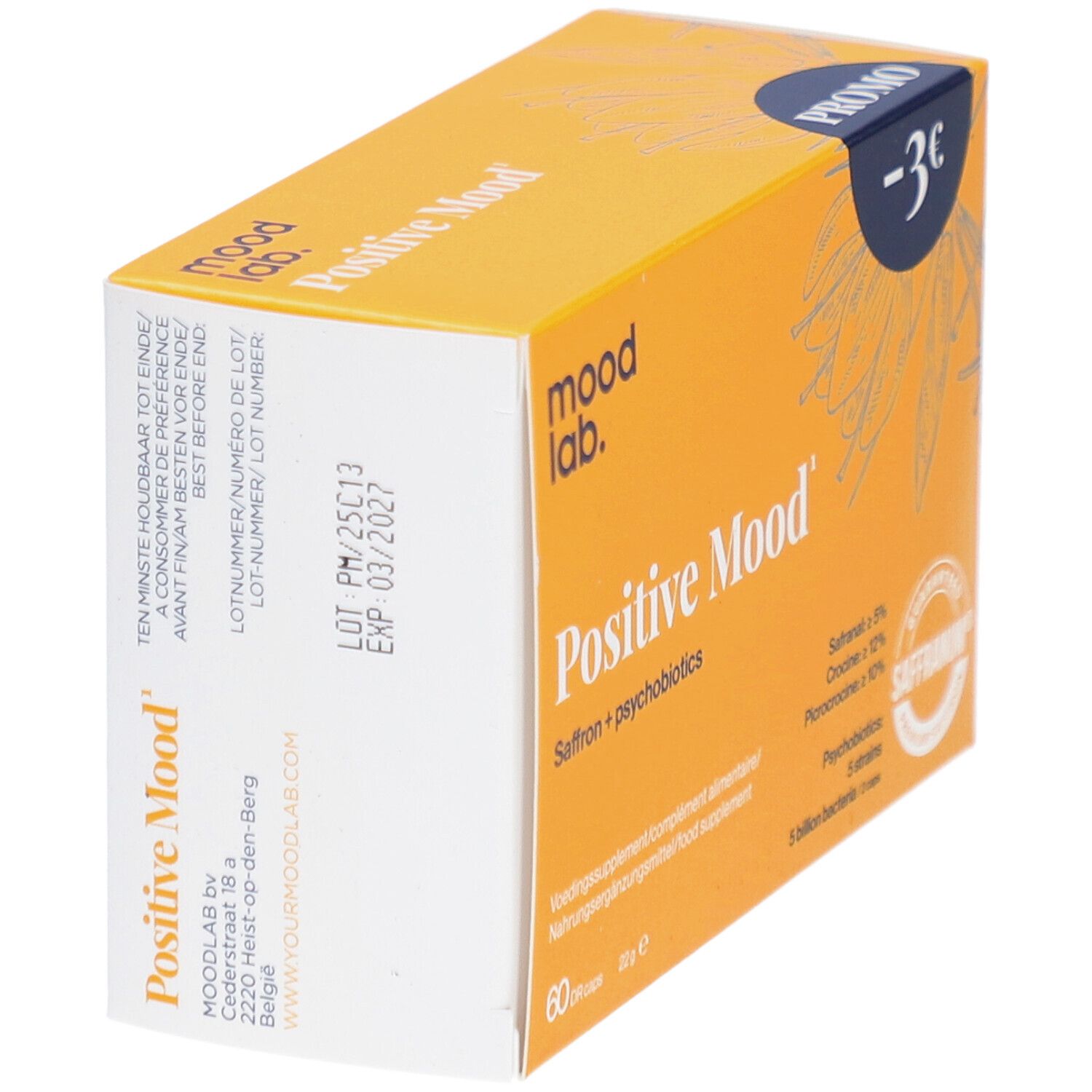 Gele doos "Positive Mood". Afdruk: houdbaarheid, lotnummer. Logo Mood Lab.