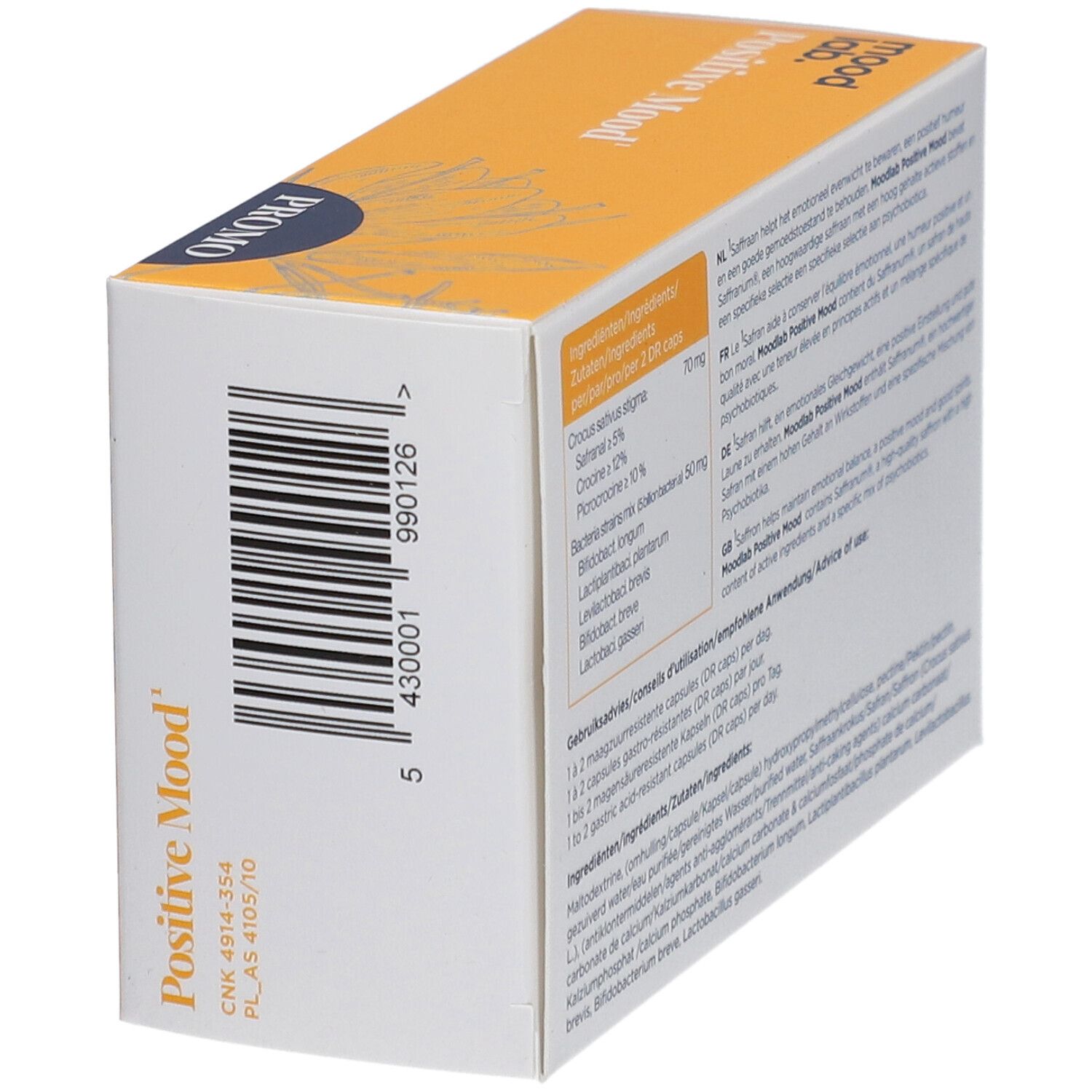 Zijkant doos "Positive Mood" met barcode. Meertalige tekst.