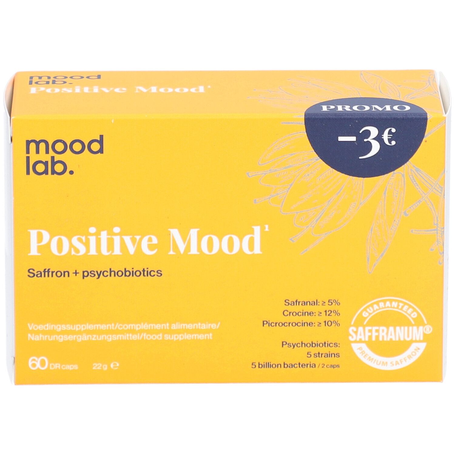Gele doos "Positive Mood", 60 capsules. Saffranum-certificering. Promo-sticker.