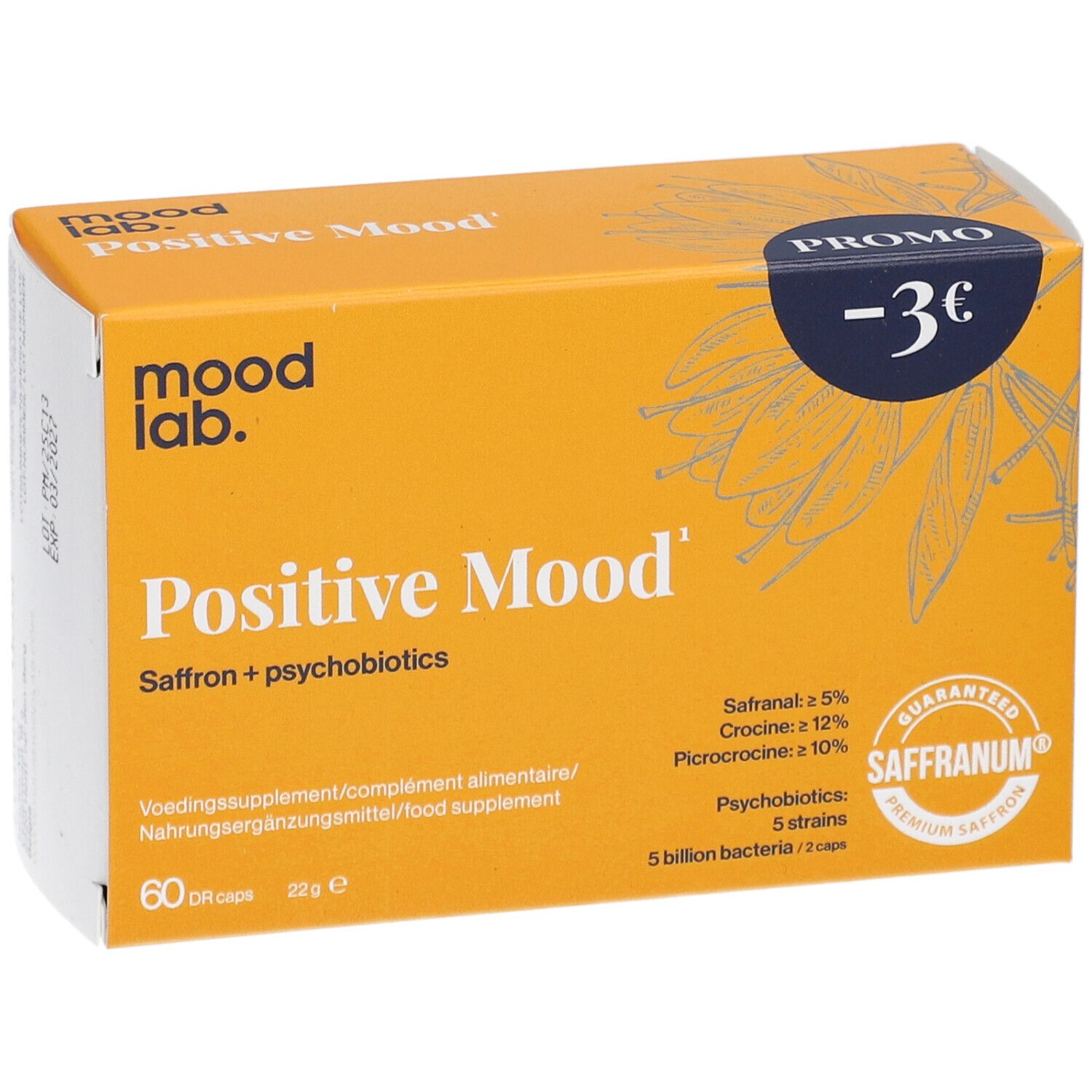 Gele doos "Positive Mood", 60 capsules. Saffranum-certificering. Promo-sticker.