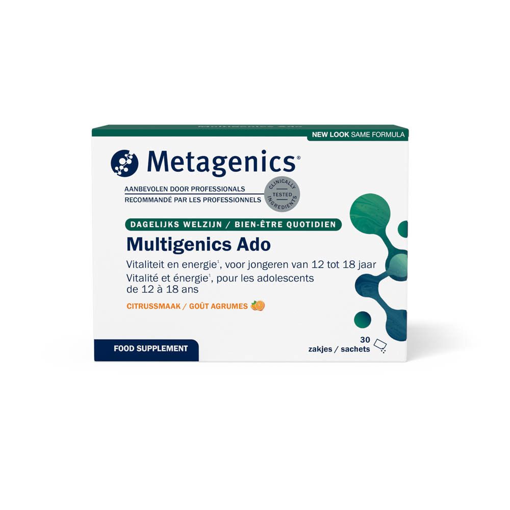 Boîte Multigenics Ado. Contient des multivitamines et minéraux pour adolescents. 30 sachets. Emballage violet et bleu.