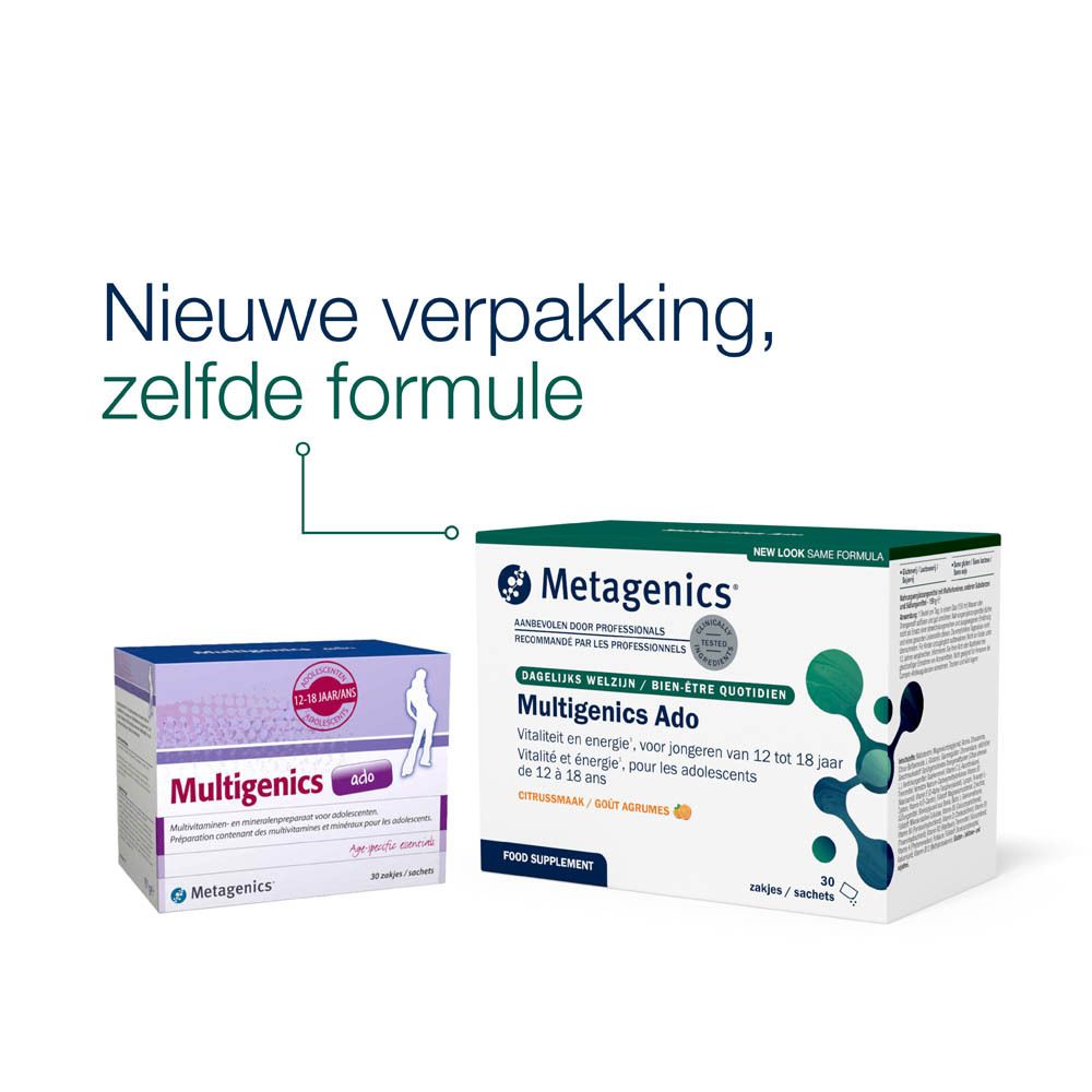 Multigenics Ado-verpakking. Bevat multivitamines en mineralen voor adolescenten. 30 zakjes. Paarse en blauwe verpakking.