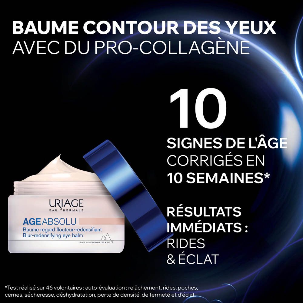 Produit et bande bleue avec texte. Texte: 10 signes de l'âge corrigés en 10 semaines. Résultats immédiats: rides & éclat.
