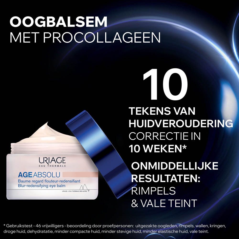 Product en blauwe balk met tekst. Tekst: 10 tekenen van huidveroudering correctie in 10 weken. Resultaten: rimpels & vale teint.