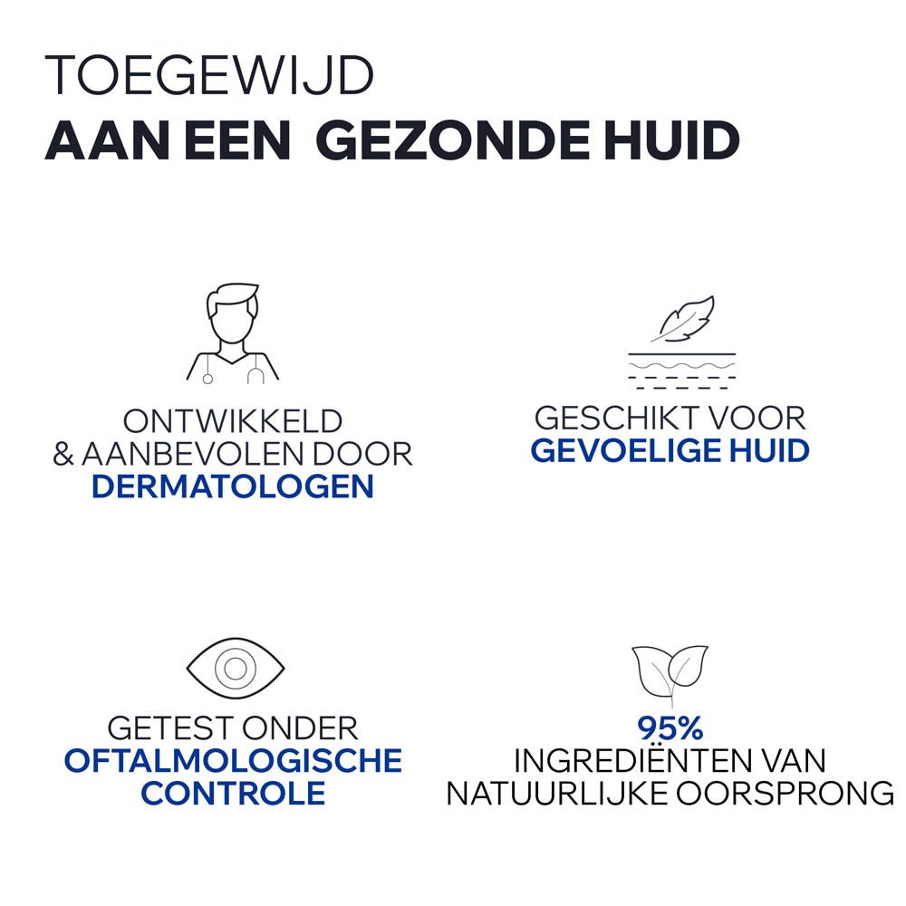 Symbolen: Dermatologen, gevoelige huid, oftalmologische controle, 95% natuurlijke ingrediënten.