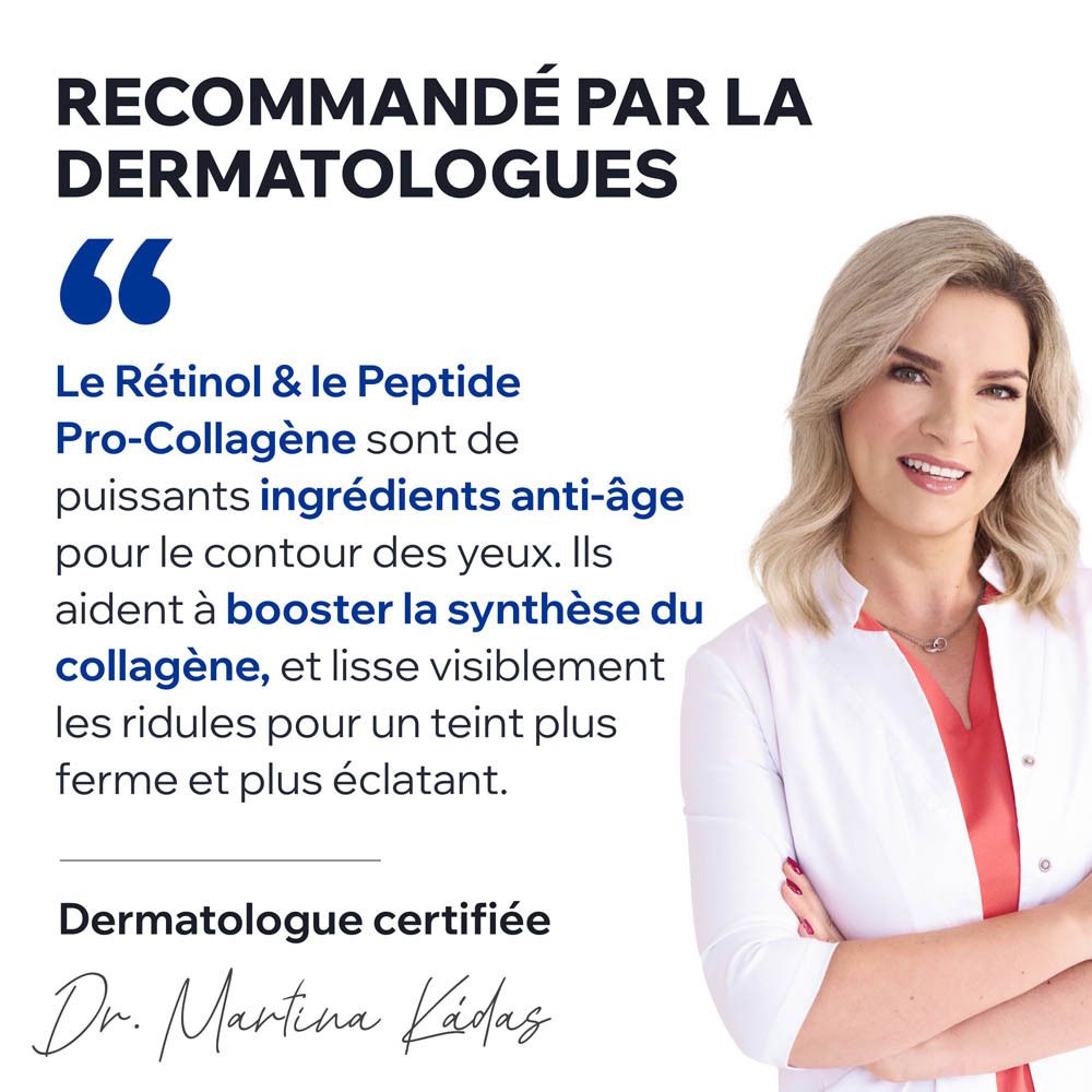 Femme en blouse blanche. Texte: Le Rétinol & le Peptide Pro-Collagène sont de puissants ingrédients anti-âge.