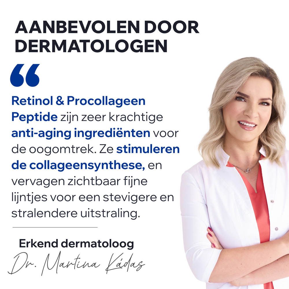 Vrouw in witte jas. Tekst: Retinol & Procollageen Peptide zijn krachtige anti-aging ingrediënten.