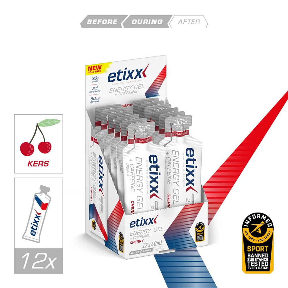 Etixx Energy Gel Cafeïne-Kers. Doos met 12 gelverpakkingen. Opschriften: 30g koolhydraten, 80mg cafeïne, kers.