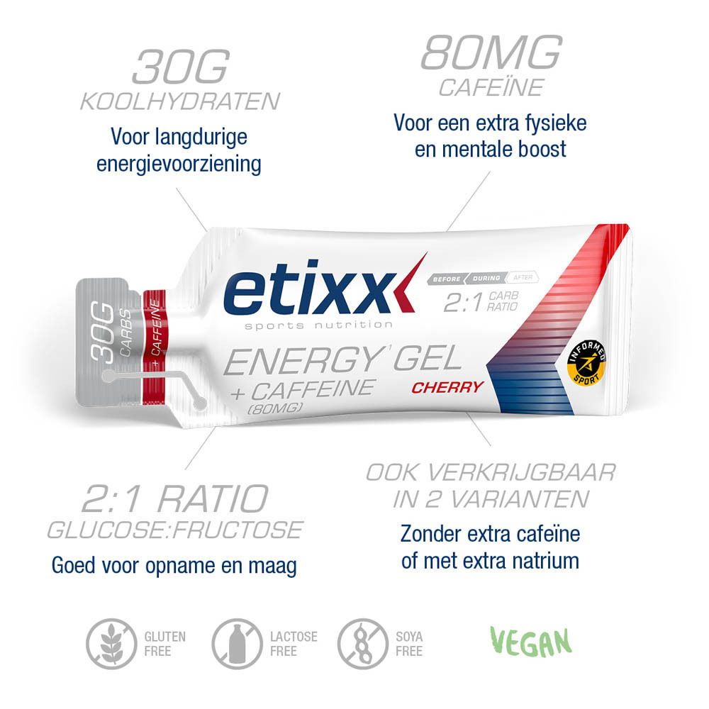 Etixx Energy Gel + Cafeïne Kers. Doos met 12 gelverpakkingen. Opschriften: 30g koolhydraten, 80mg cafeïne, kers.