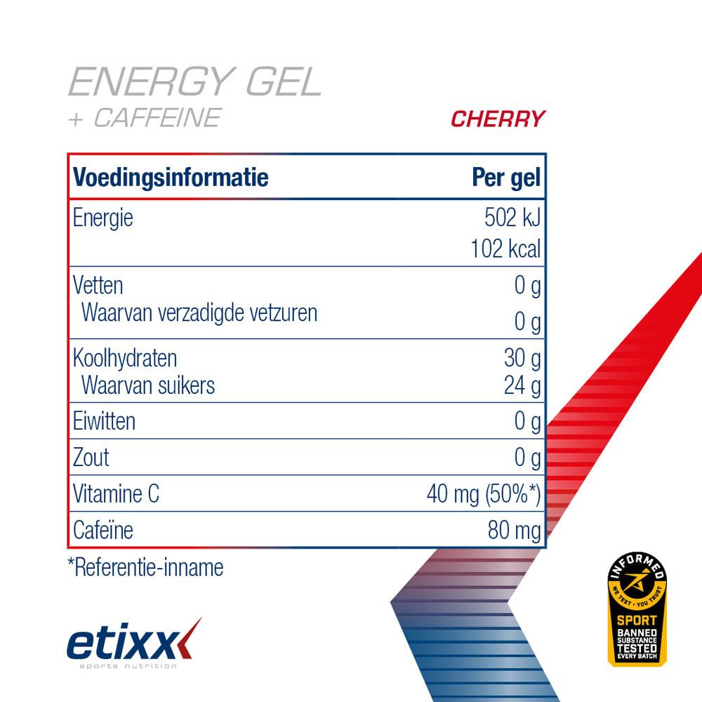 Etixx Energy Gel + Cafeïne Kers. Doos met 12 gelverpakkingen. Opschriften: 30g koolhydraten, 80mg cafeïne, kers.
