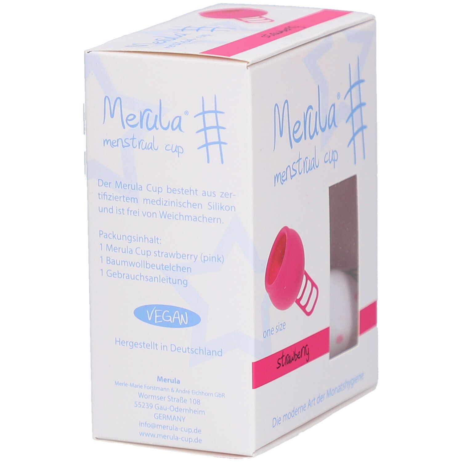 Dos de la boîte de la coupe menstruelle Merula. Informations sur le produit, contenu, vegan.