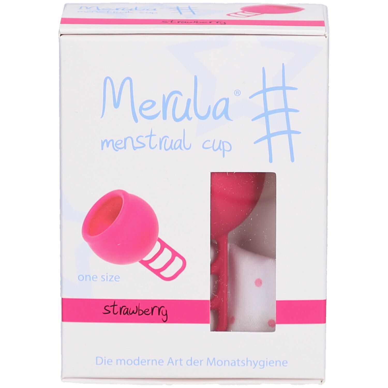 Boîte de la coupe menstruelle Merula. Coupe rose dans la fenêtre. Nom du produit, texte.