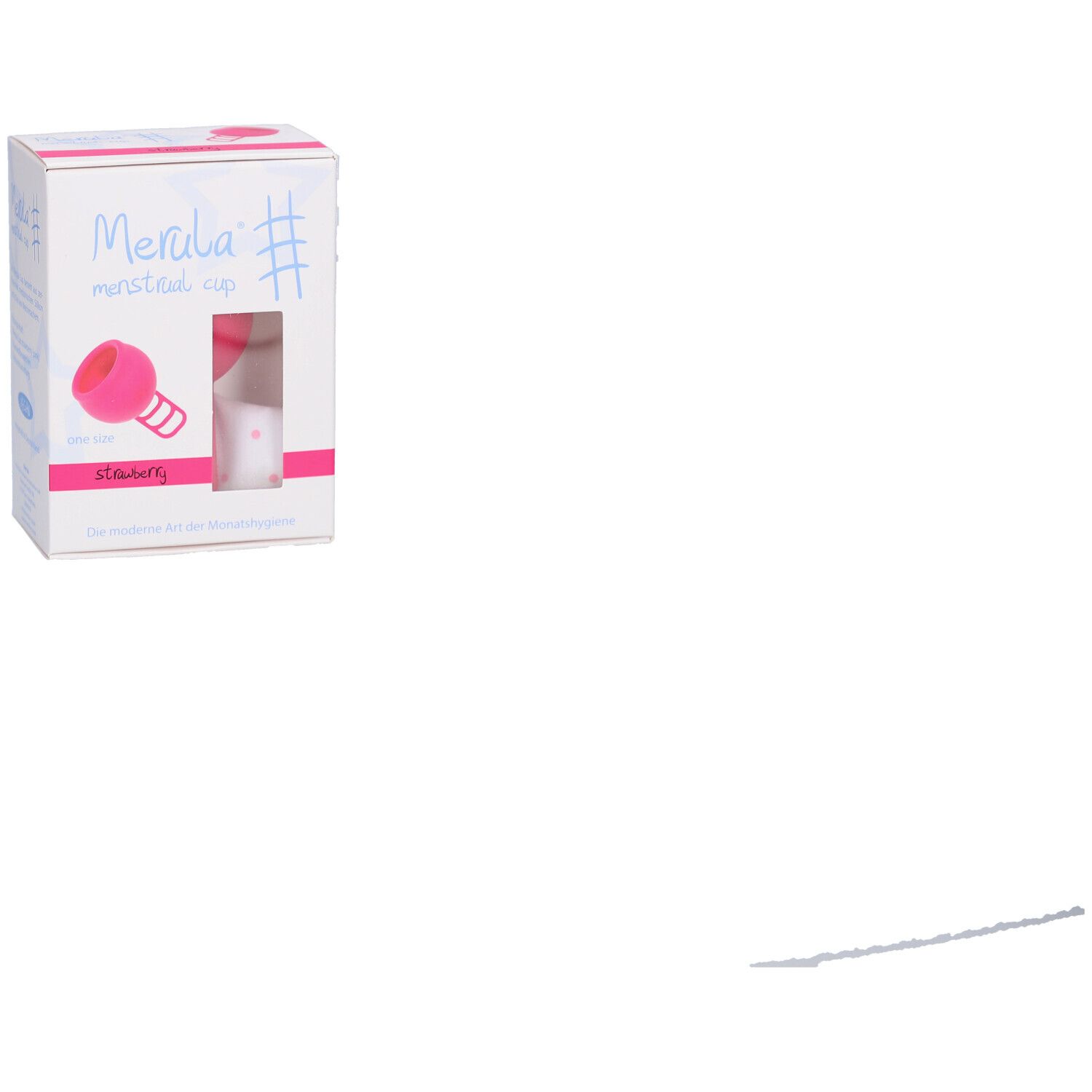 Boîte de la coupe menstruelle Merula. Coupe rose dans la fenêtre. Nom du produit, texte.