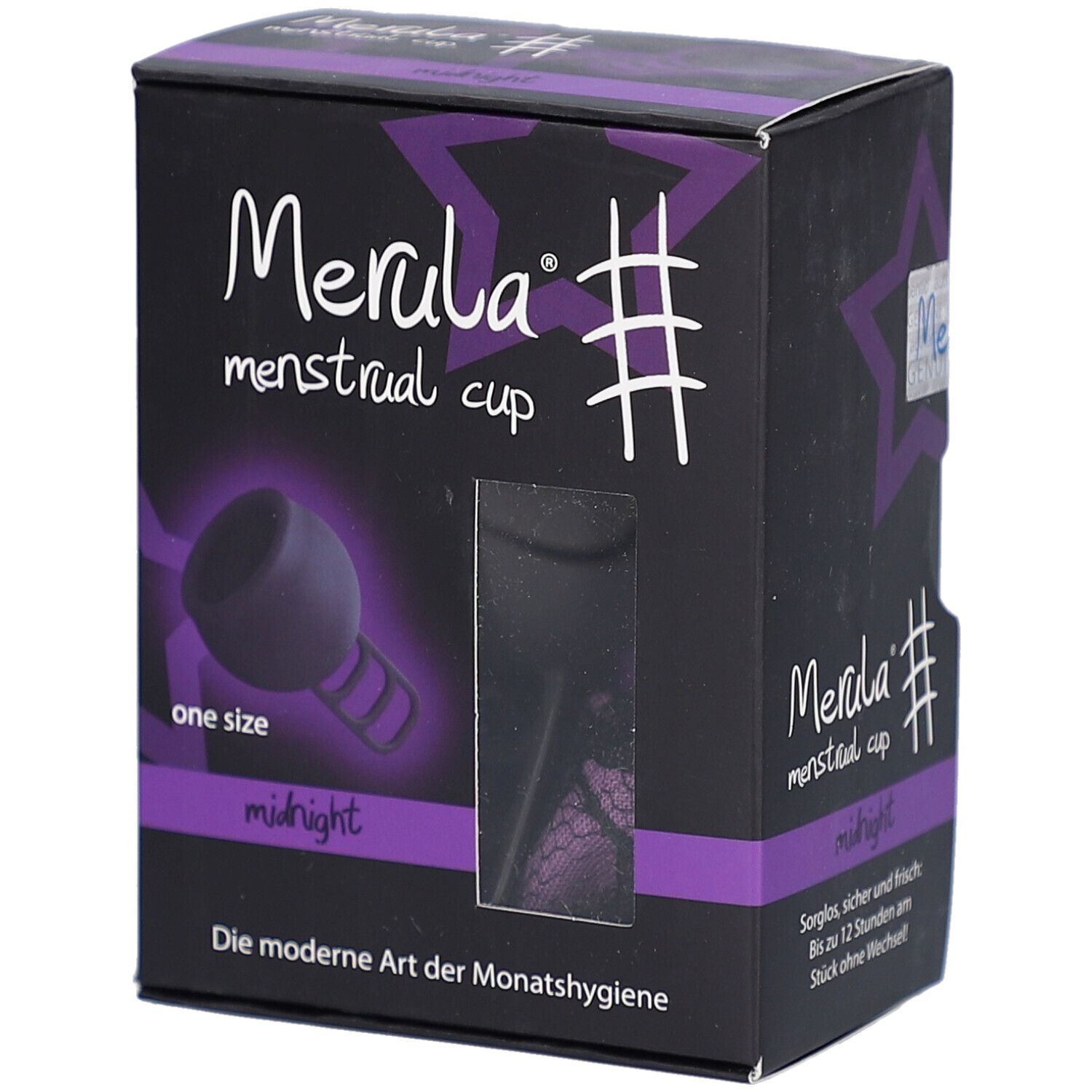 Zwarte doos met productafbeelding en tekst: Merula menstrual cup, midnight, one size. Venster.