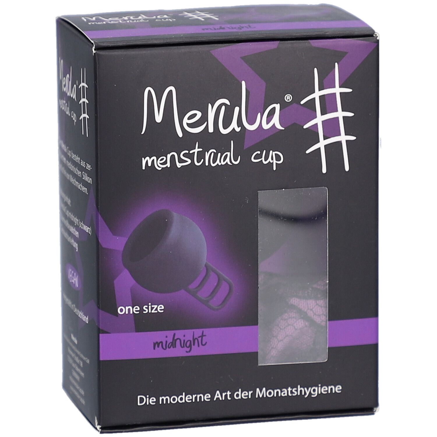 Zwarte doos met productafbeelding en tekst: Merula menstrual cup, midnight, one size. Venster.