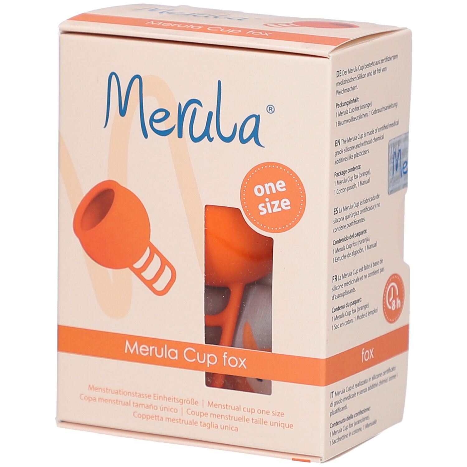 Boîte Merula Cup fox. Coupe menstruelle orange avec illustration. Texte: One Size.
