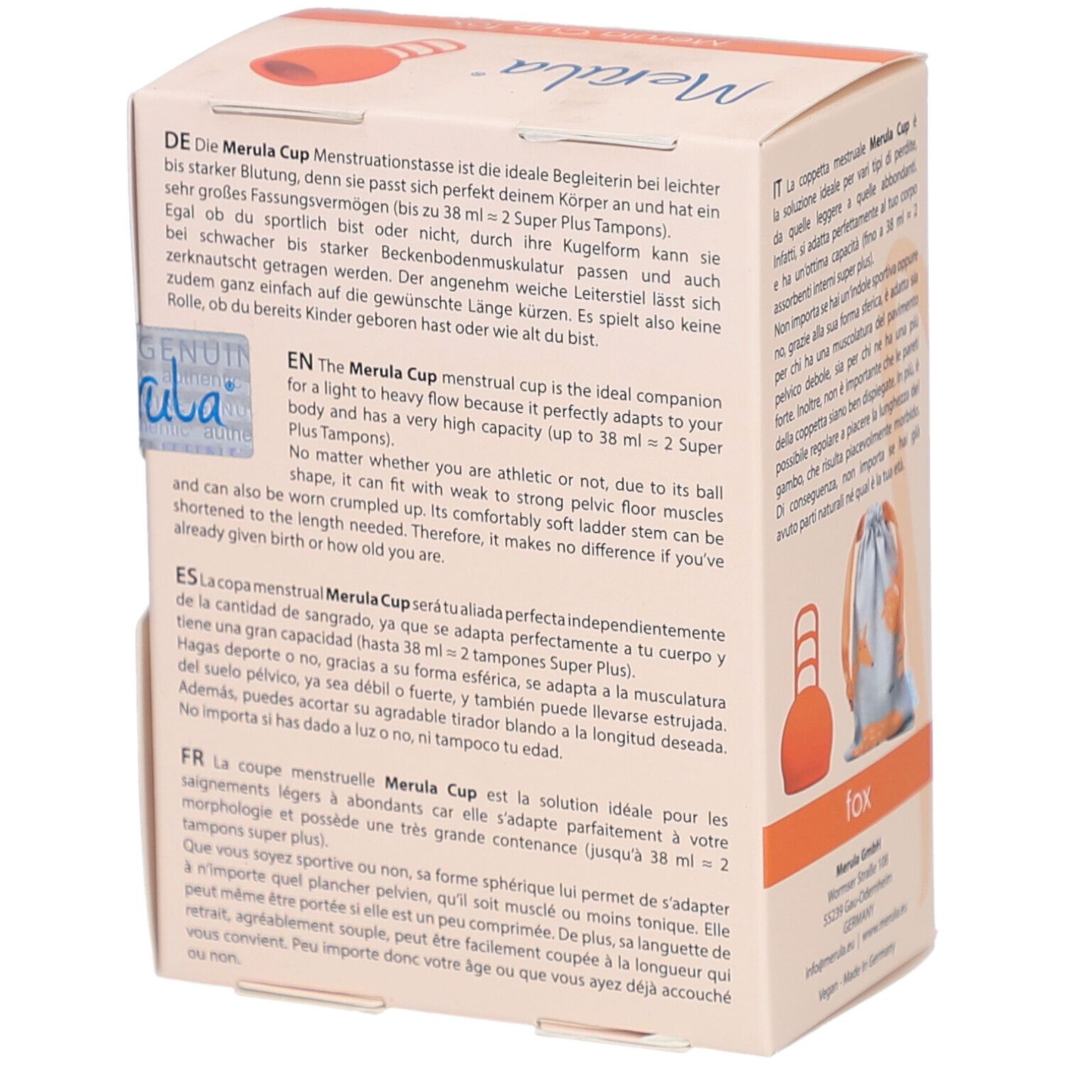Dos de la boîte Merula Cup fox. Texte multilingue. Illustration de la coupe et du sac.